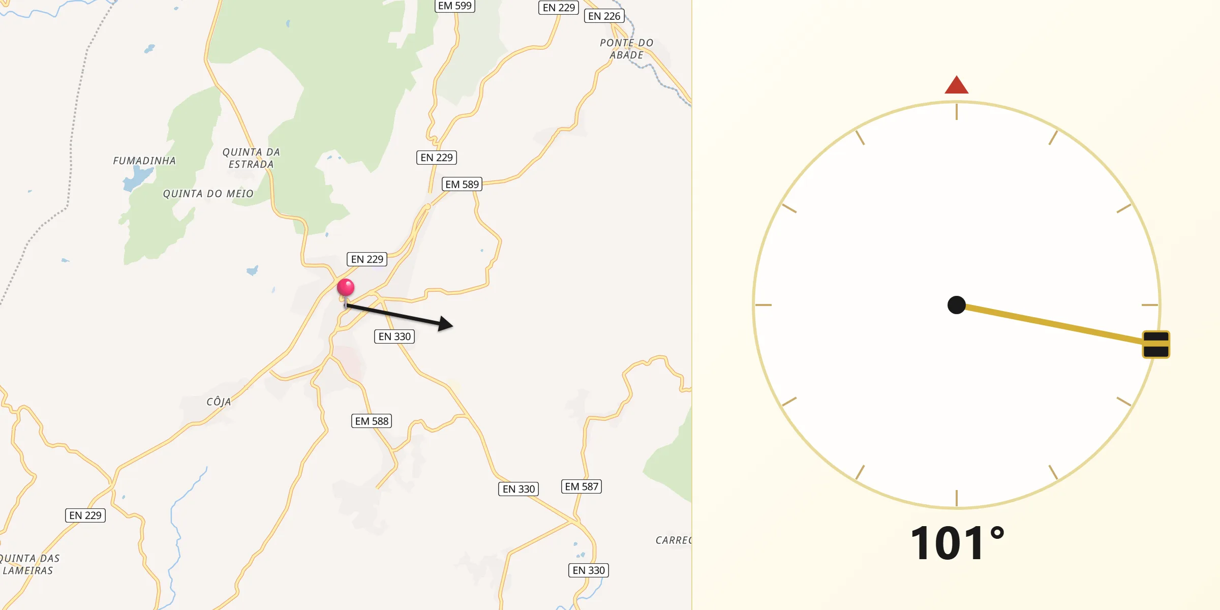 Direção da Qibla a partir de Aguiar da Beira