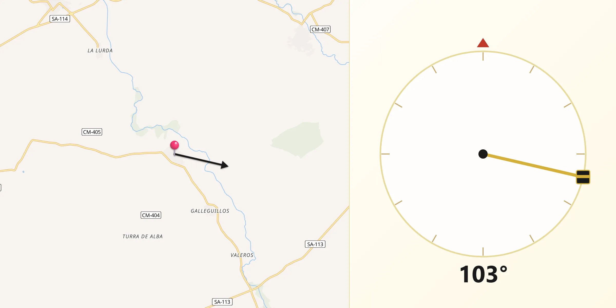 Dirección de la Qibla desde Pedrosillo de Alba