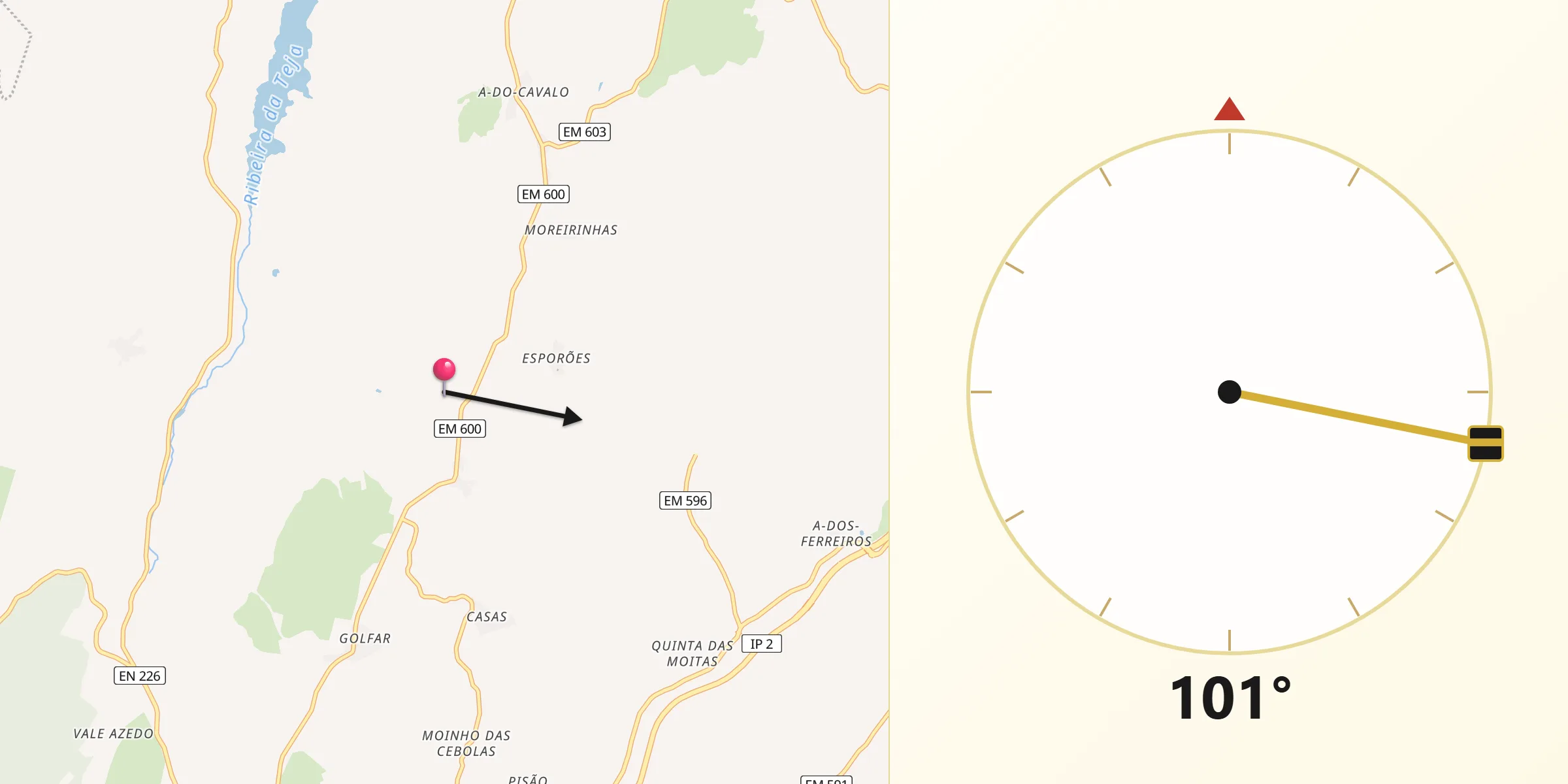 Direção da Qibla a partir de Moreira de Rei