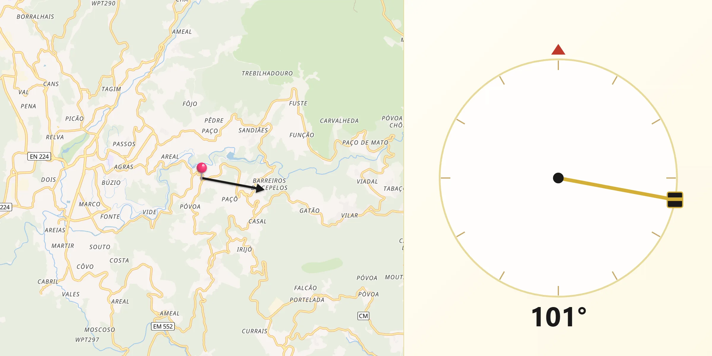 Direção da Qibla a partir de Vale de Cambra
