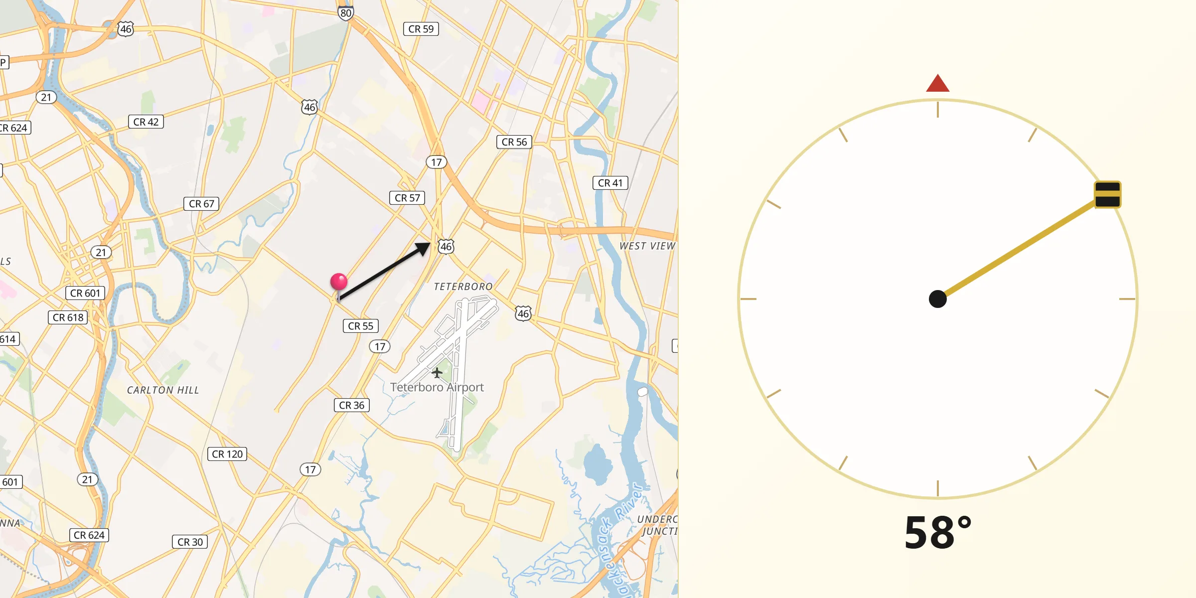 Qibla Direction from Hasbrouck Heights