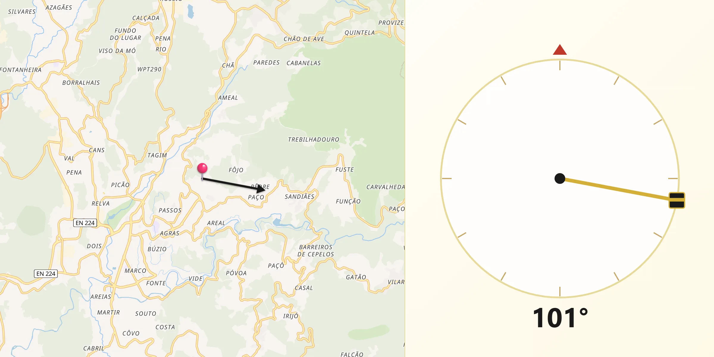 Direção da Qibla a partir de Macieira de Cambra