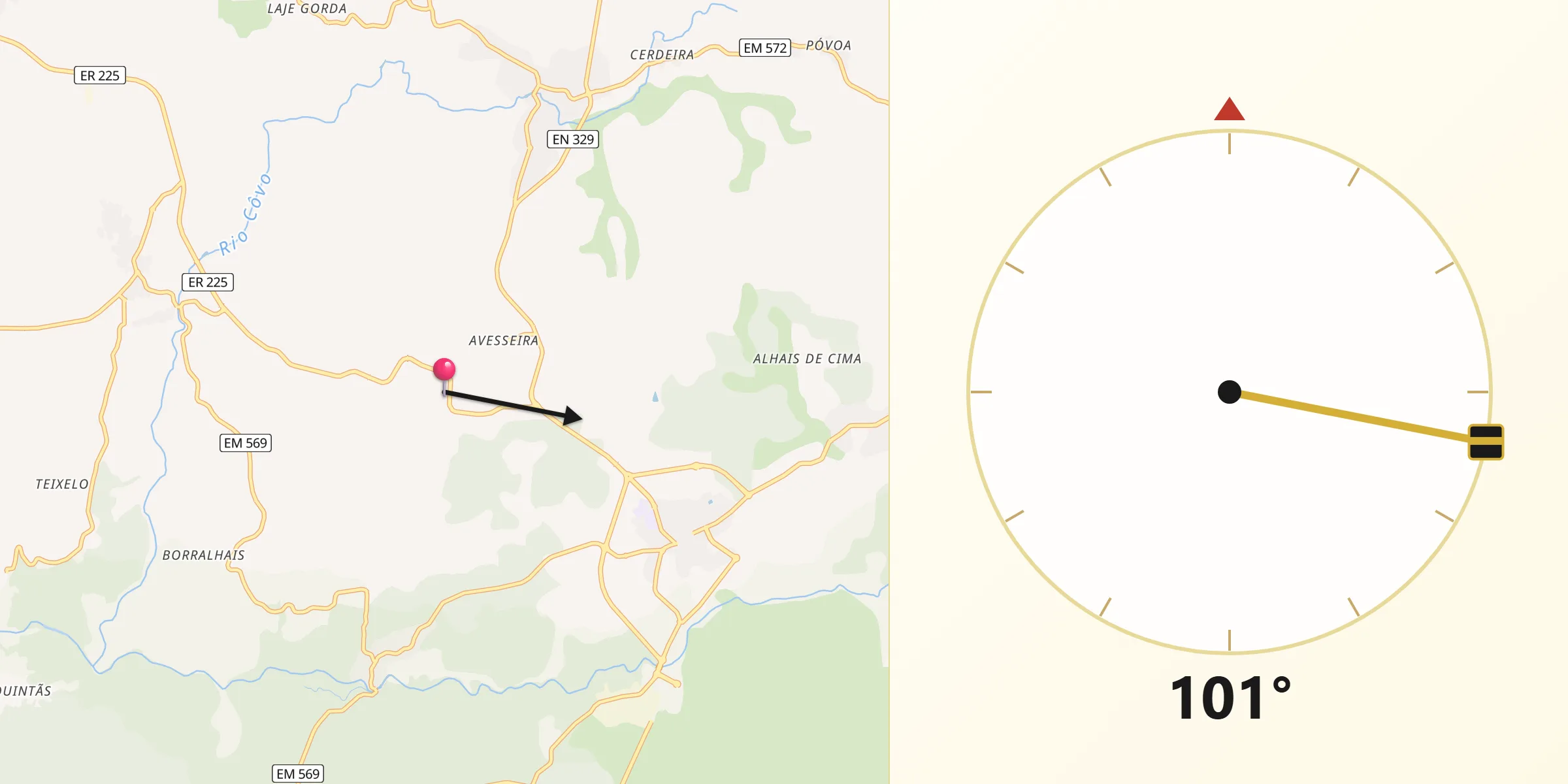Direção da Qibla a partir de Vila Nova de Paiva