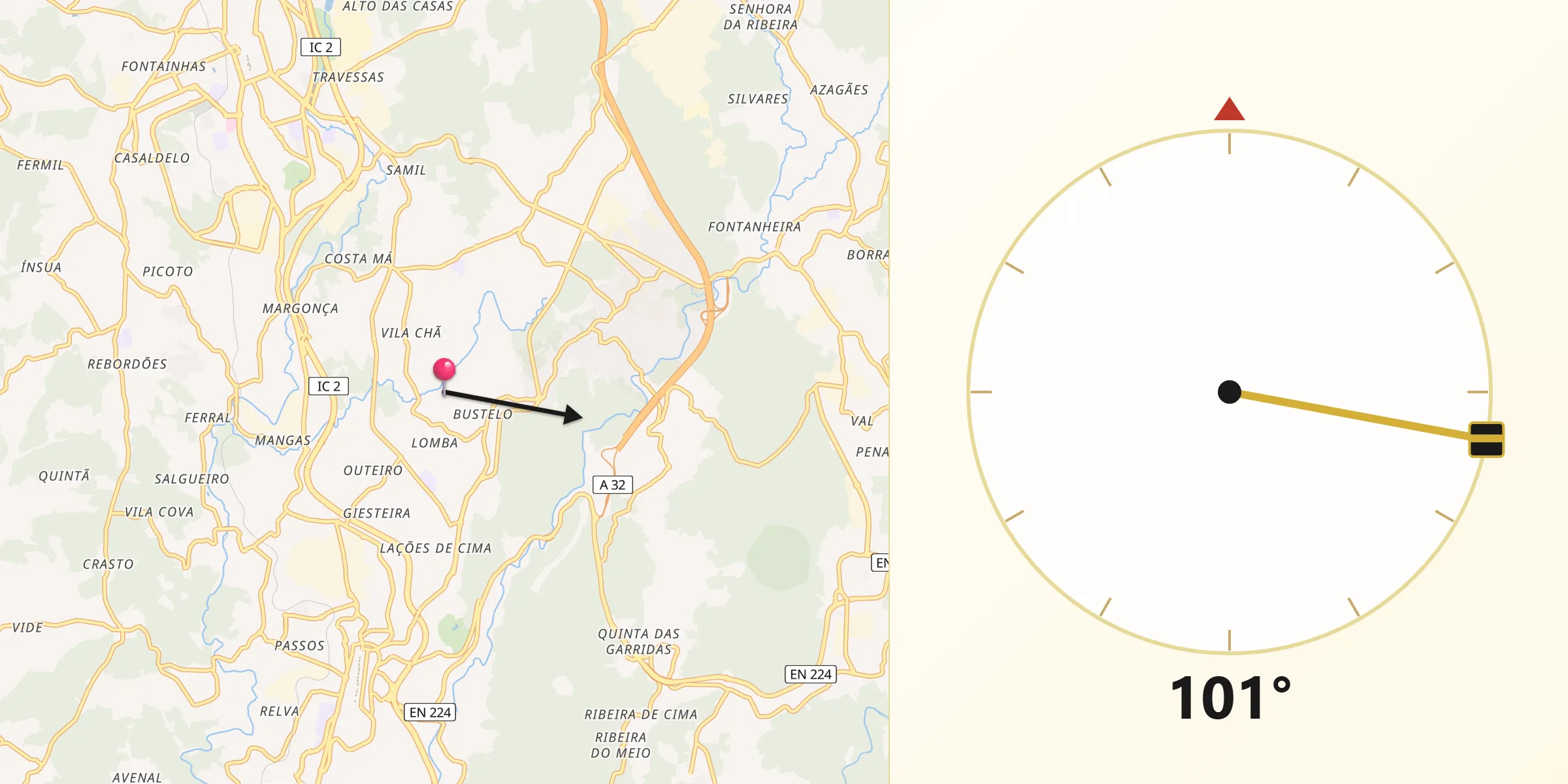 Direção da Qibla a partir de Vila Chã