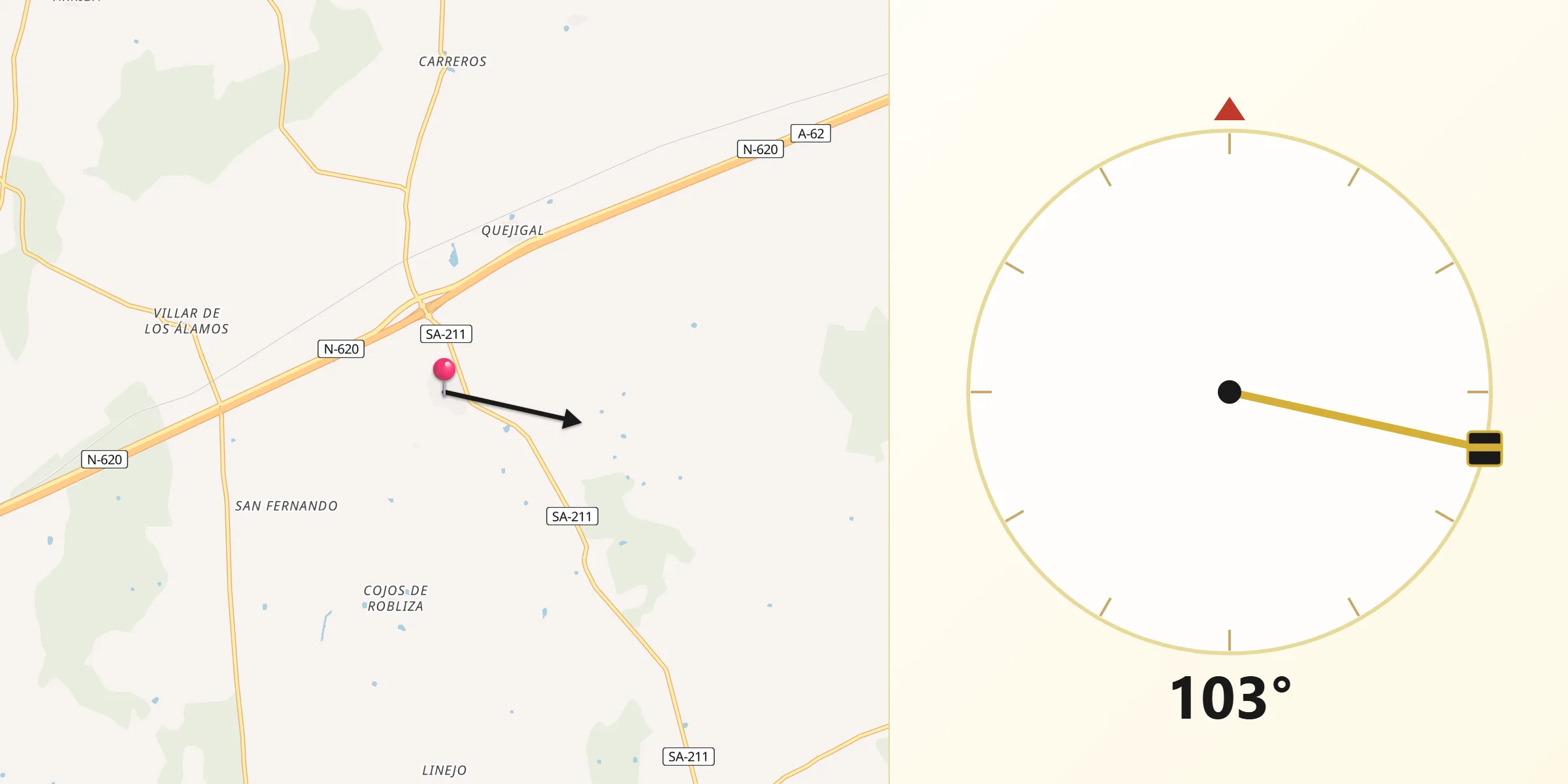 Dirección de la Qibla desde Robliza de Cojos