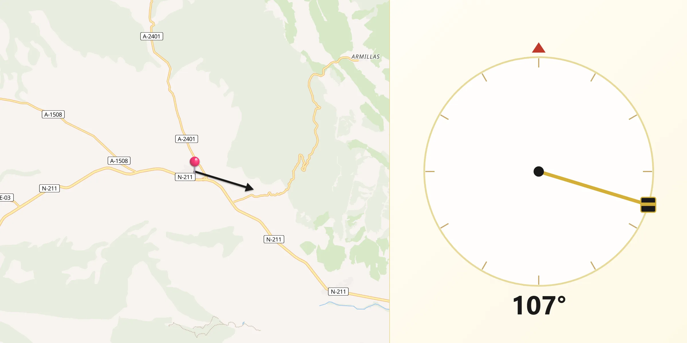 Dirección de la Qibla desde Vivel del Río Martín