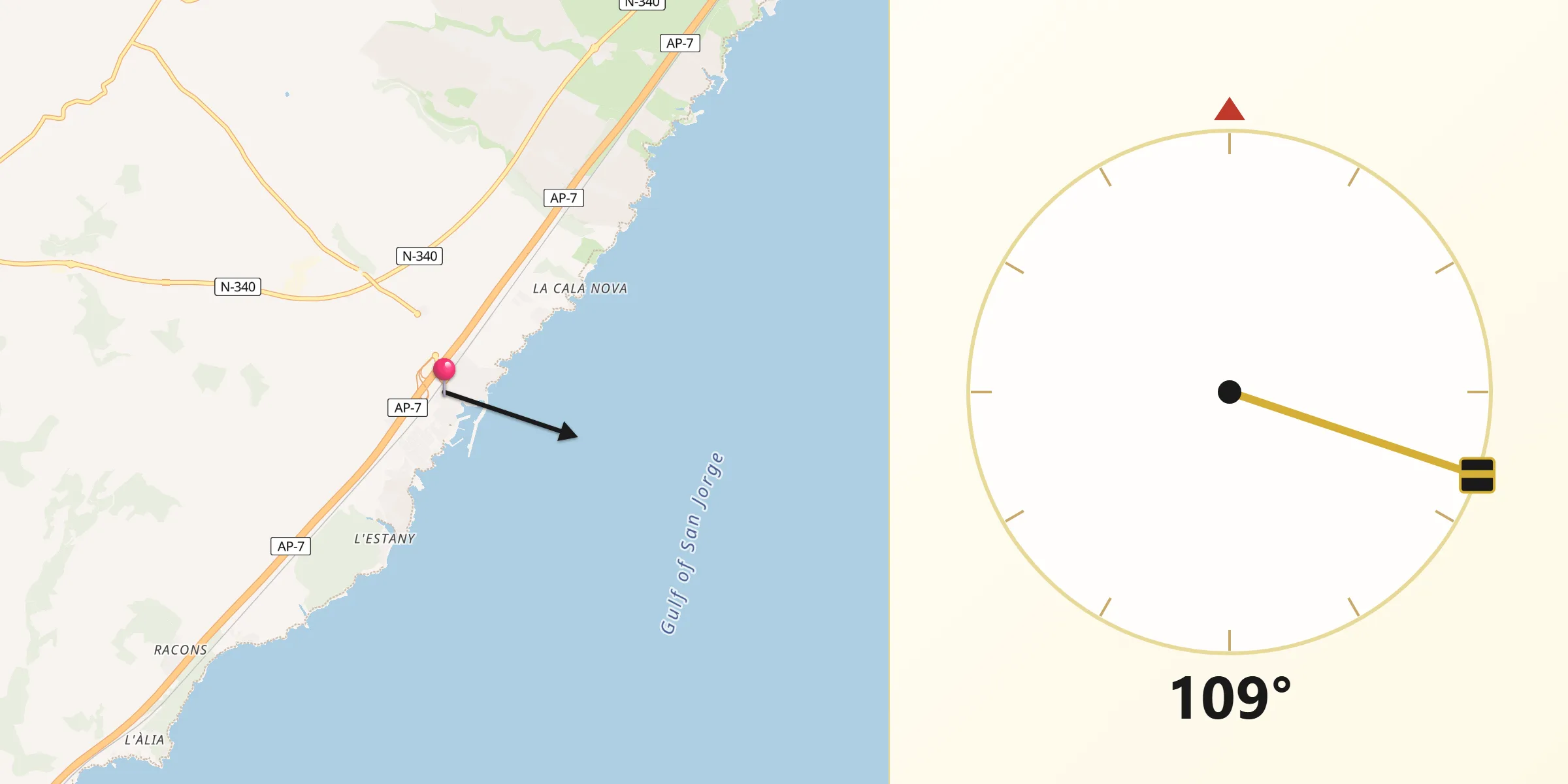 Dirección de la Qibla desde Ametlla de Mar