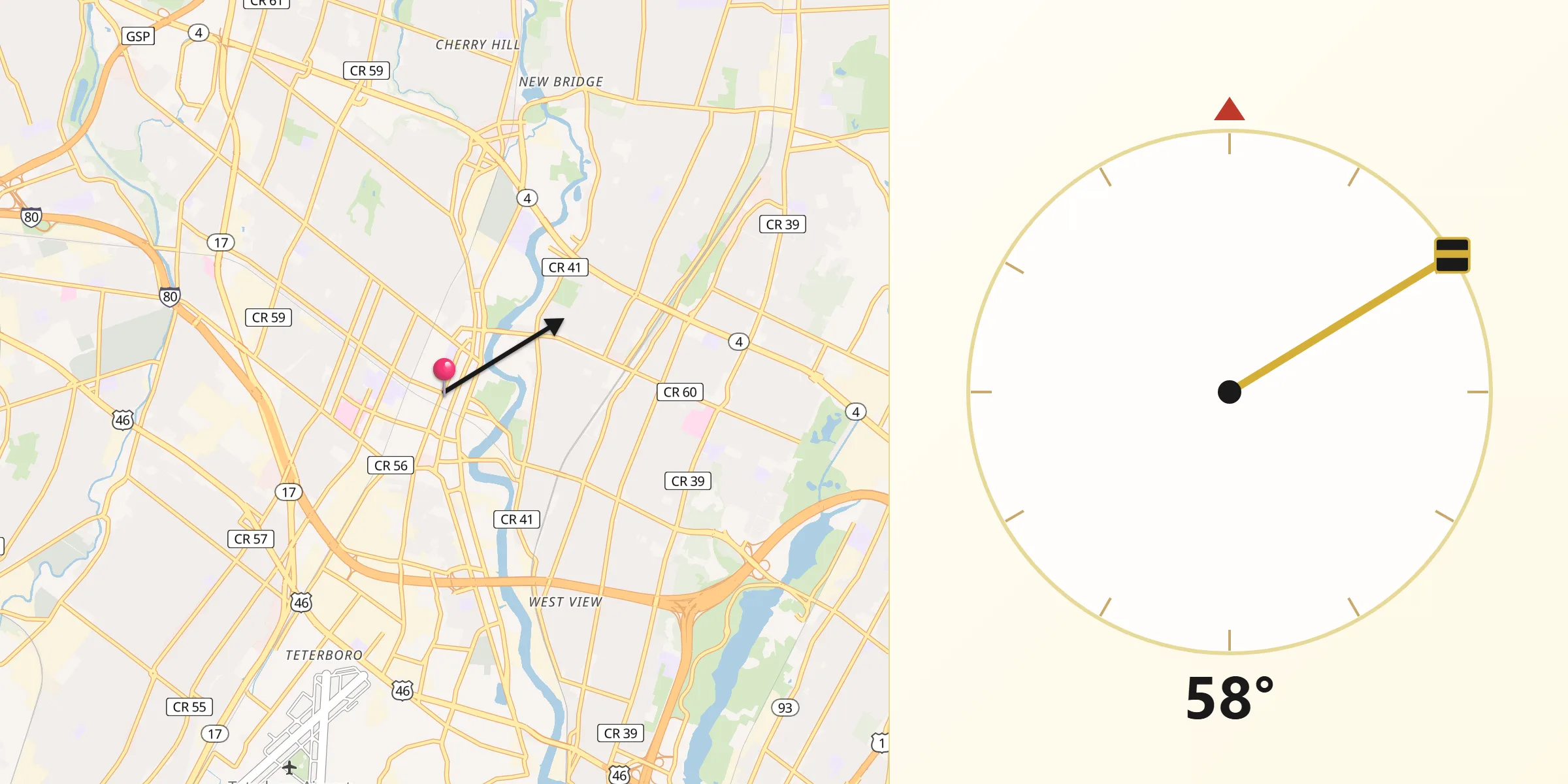 Qibla Direction from Hackensack