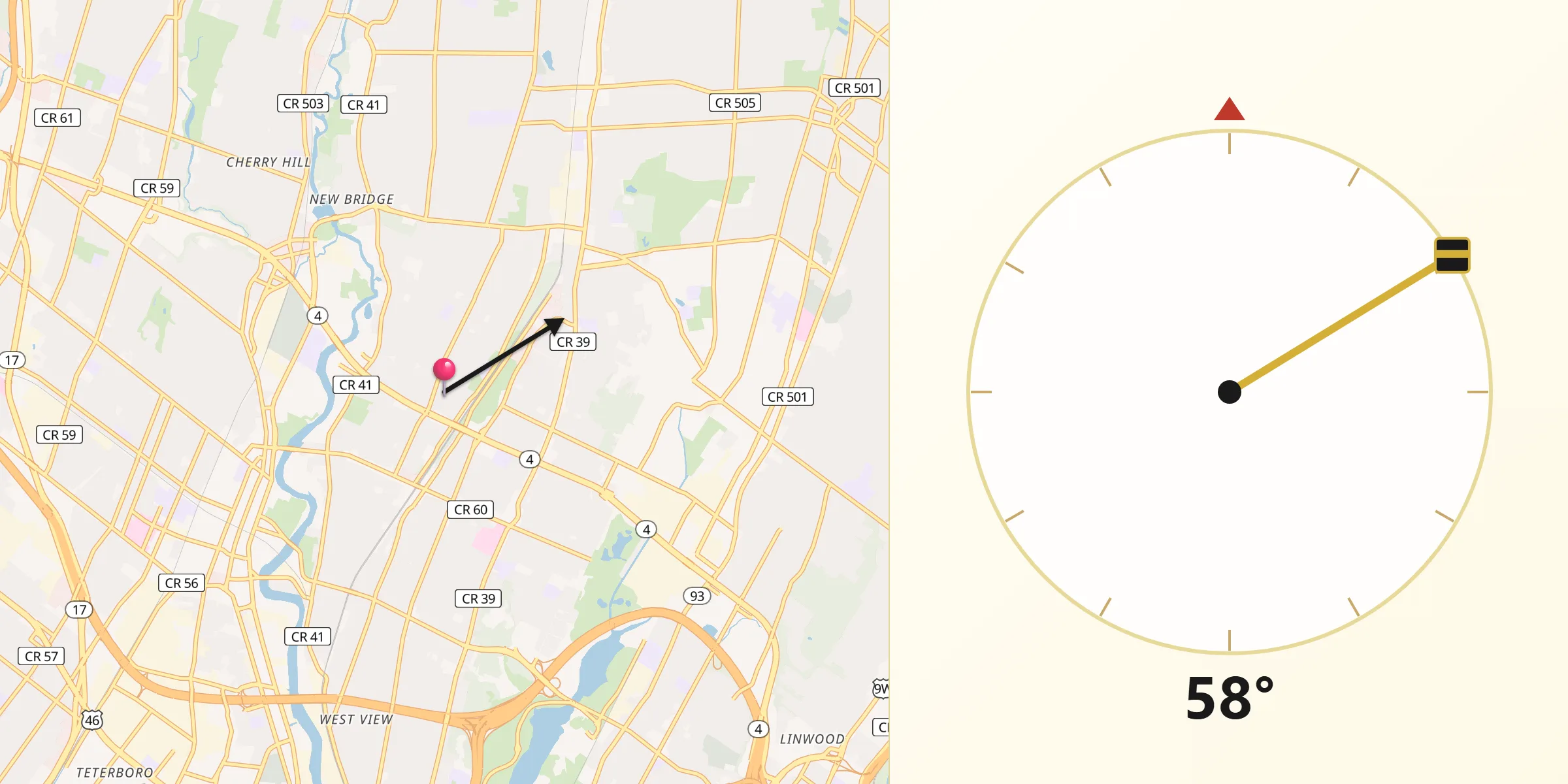 Qibla Direction from Teaneck