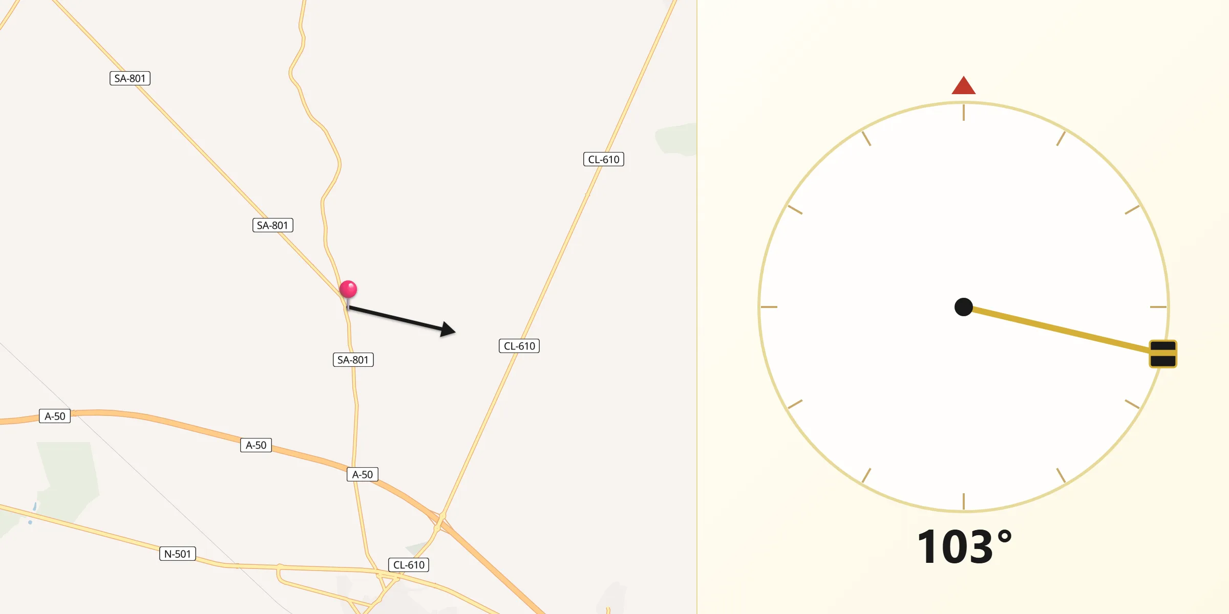 Dirección de la Qibla desde Aldeaseca de la Frontera