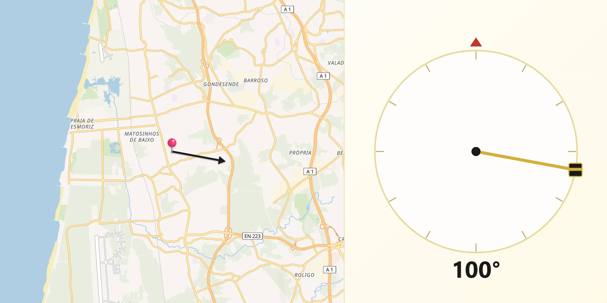 Direção da Qibla a partir de Cortegaça