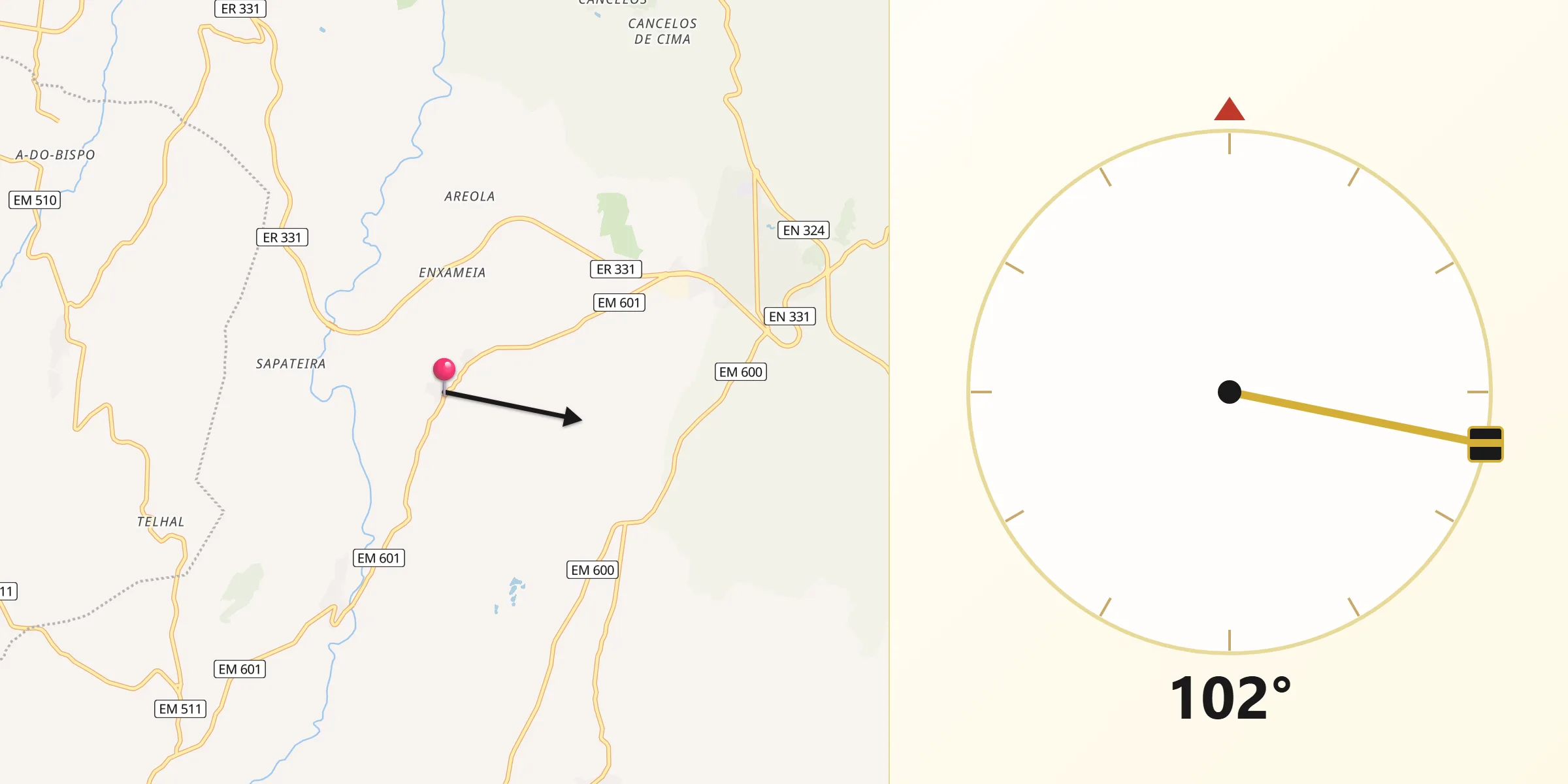 Direção da Qibla a partir de Outeiro de Gatos