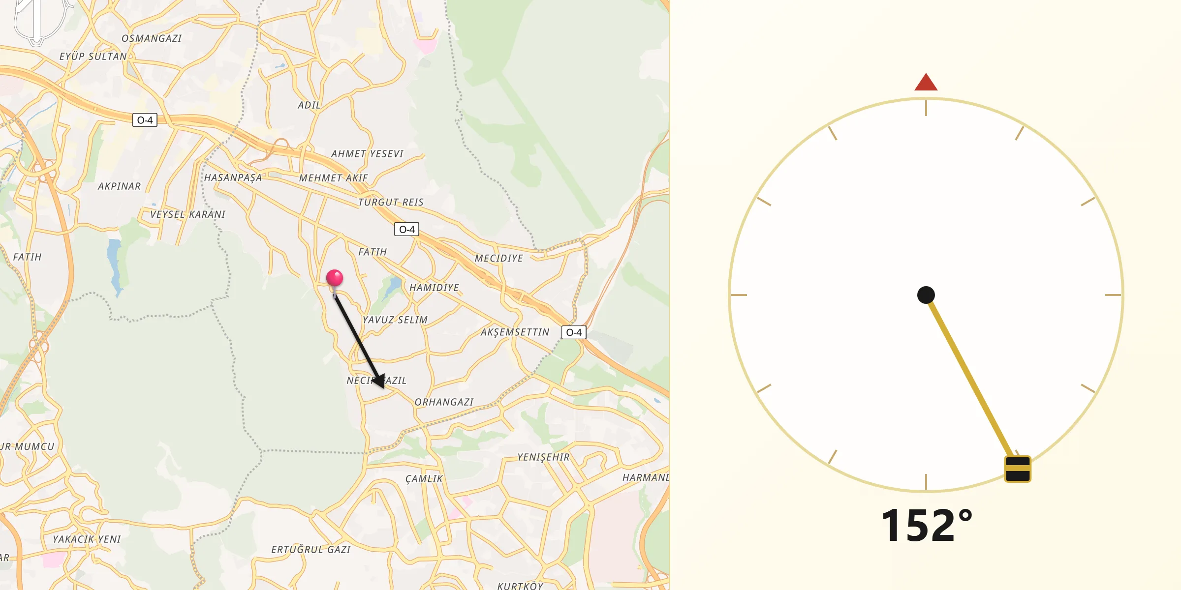 Direction vers la Qibla depuis Sultanbeyli