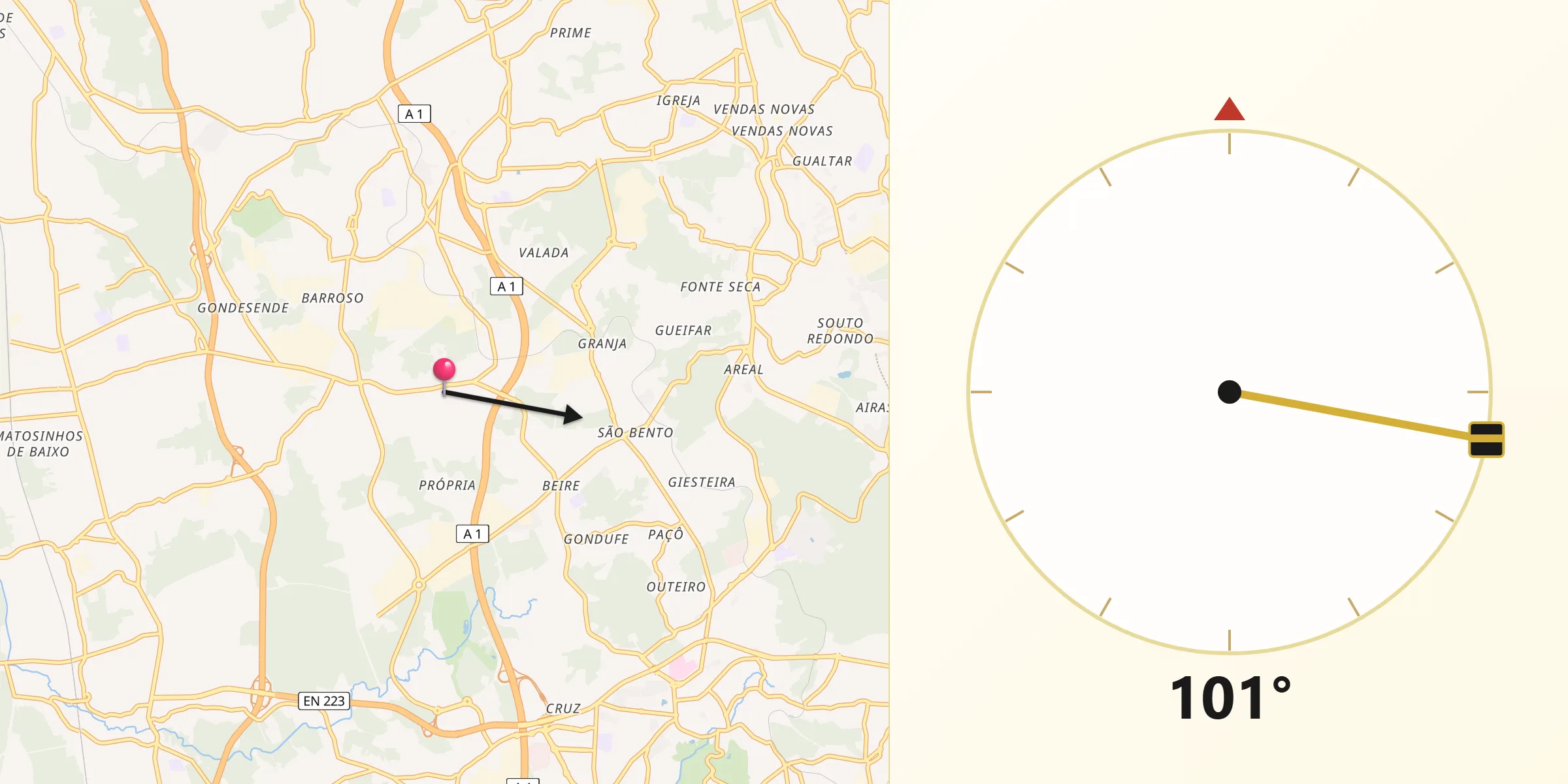 Direção da Qibla a partir de Rio Meão