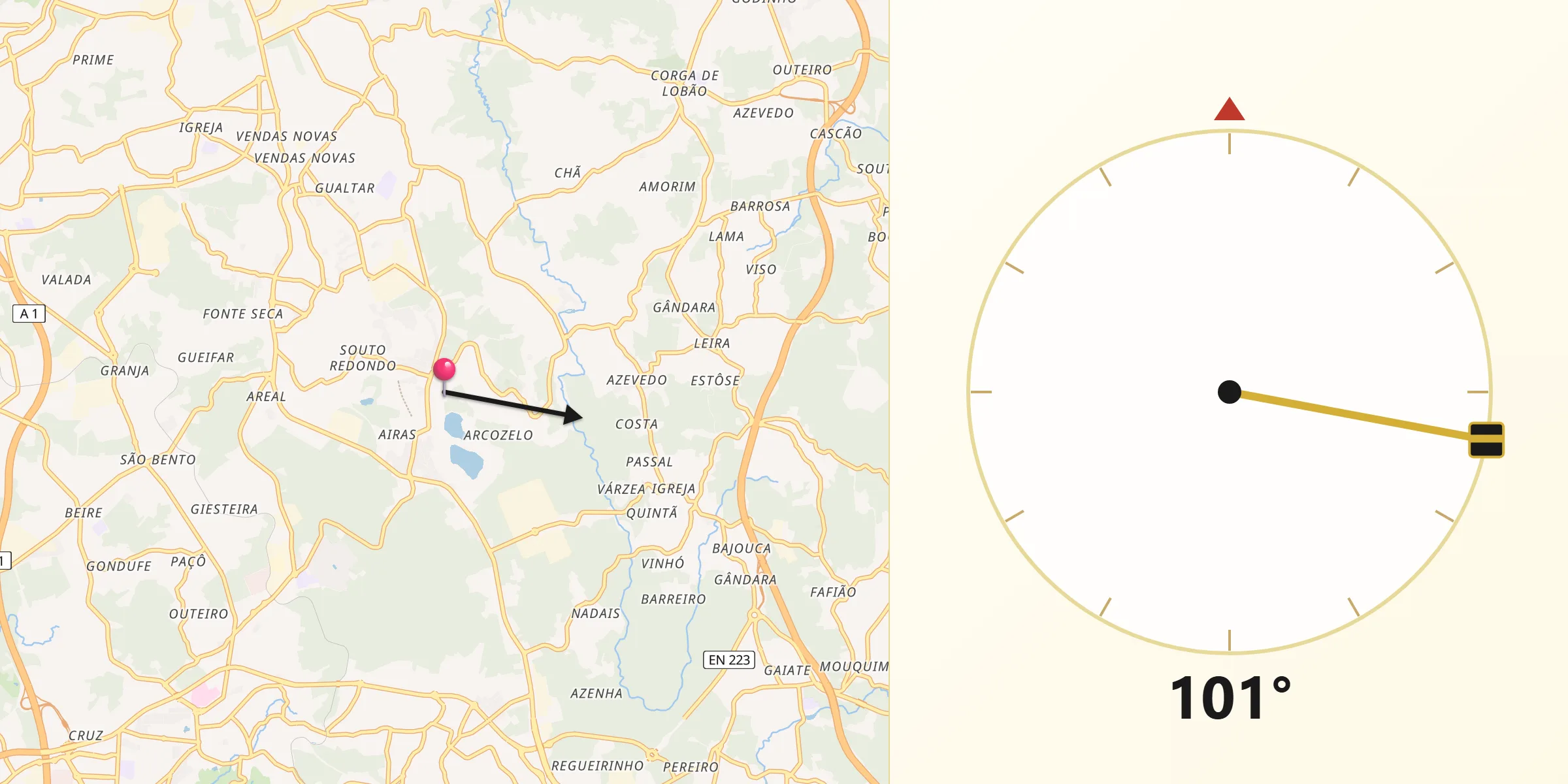 Direção da Qibla a partir de Santa Maria da Feira