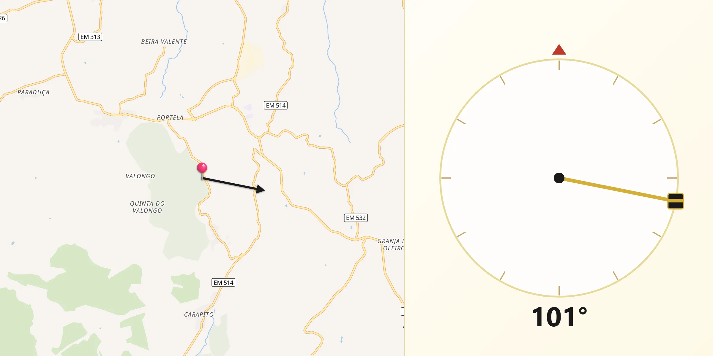 Direção da Qibla a partir de Moimenta da Beira