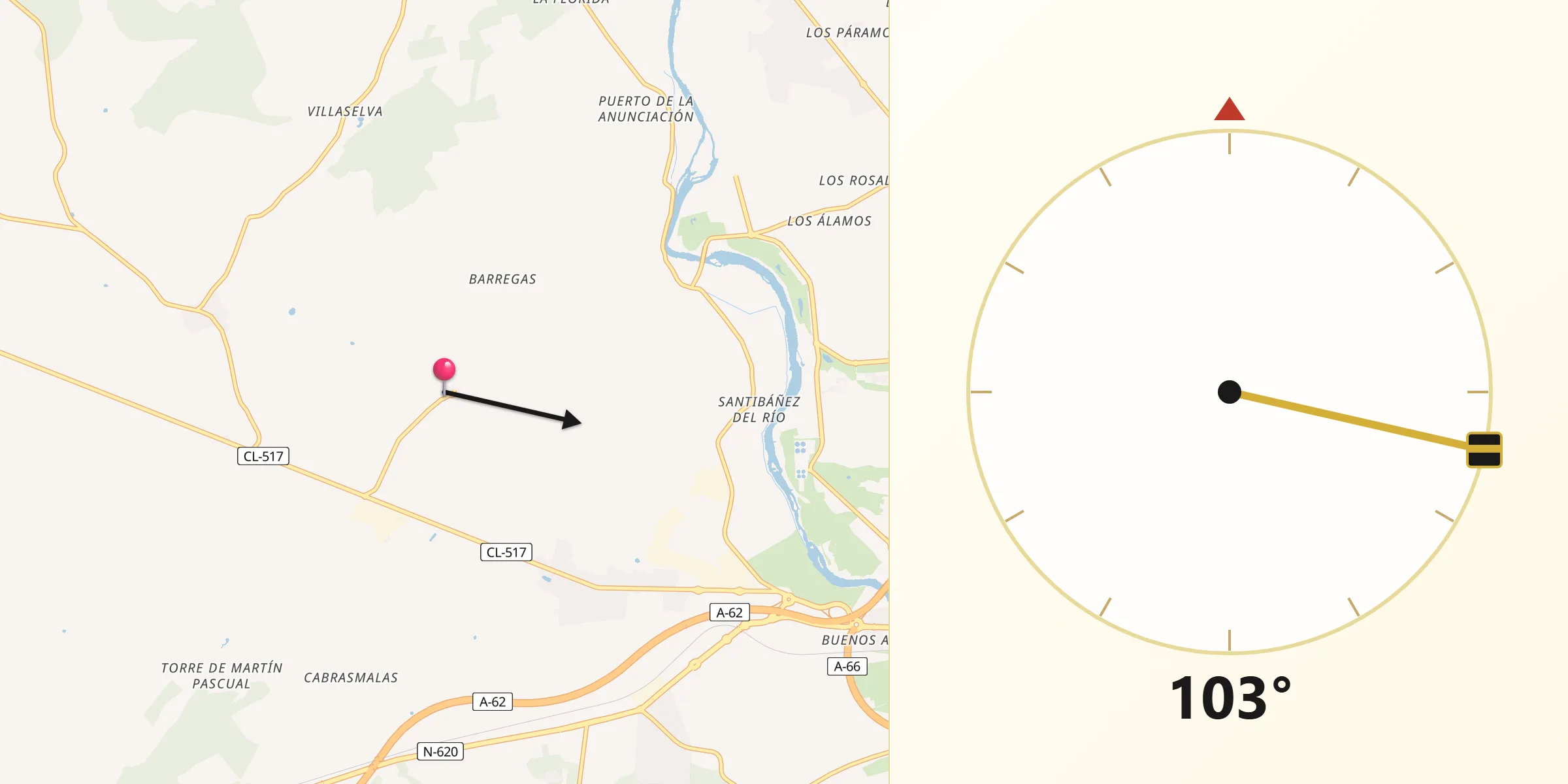 Dirección de la Qibla desde Carrascal de Barregas