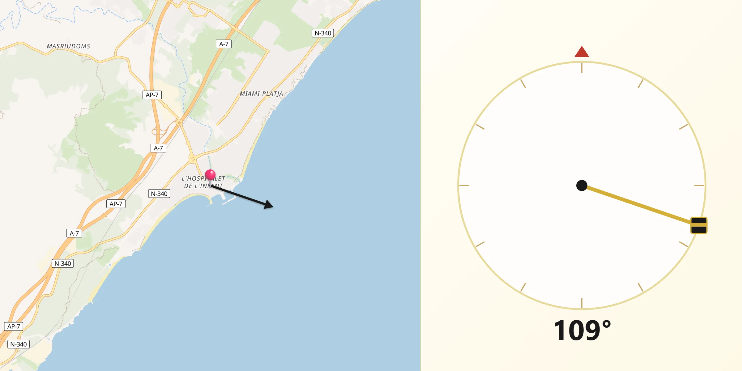 Dirección de la Qibla desde Vandellòs i Hospitalet de Infant