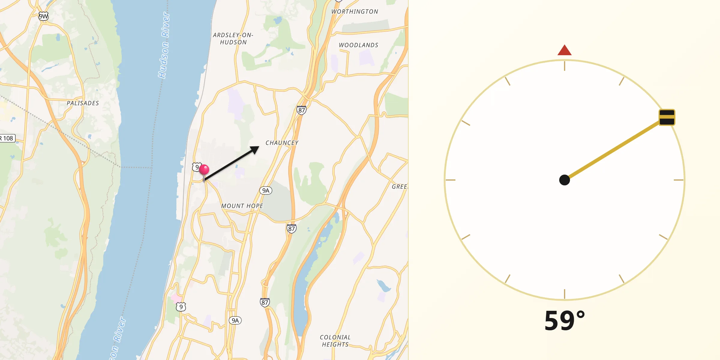 Qibla Direction from Hastings-on-Hudson