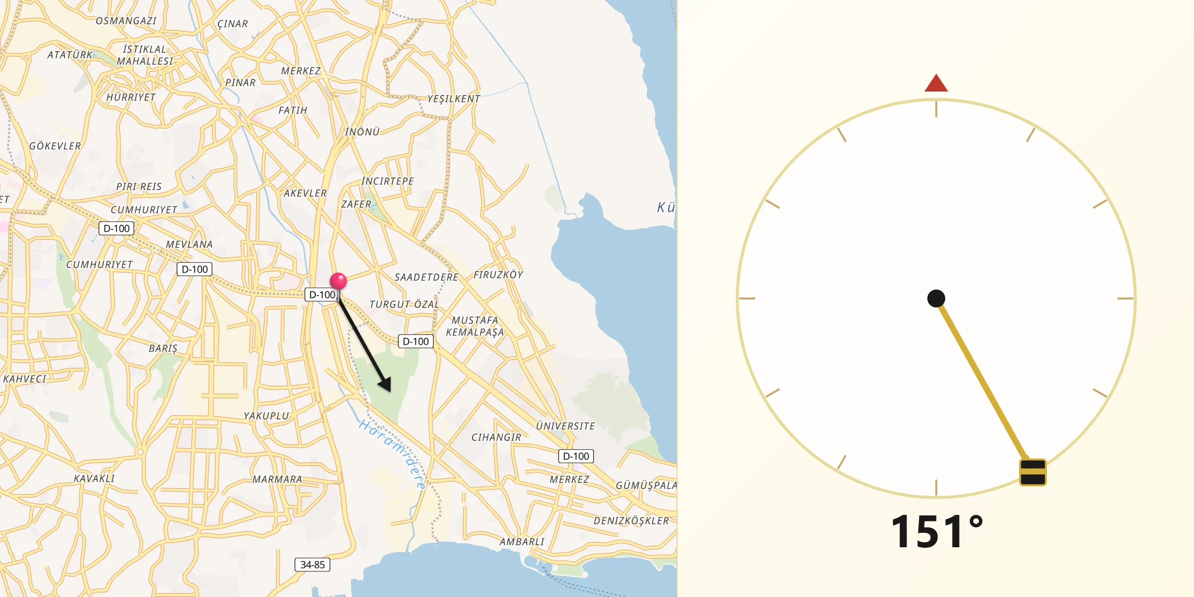 Direção da Qibla a partir de Istambul
