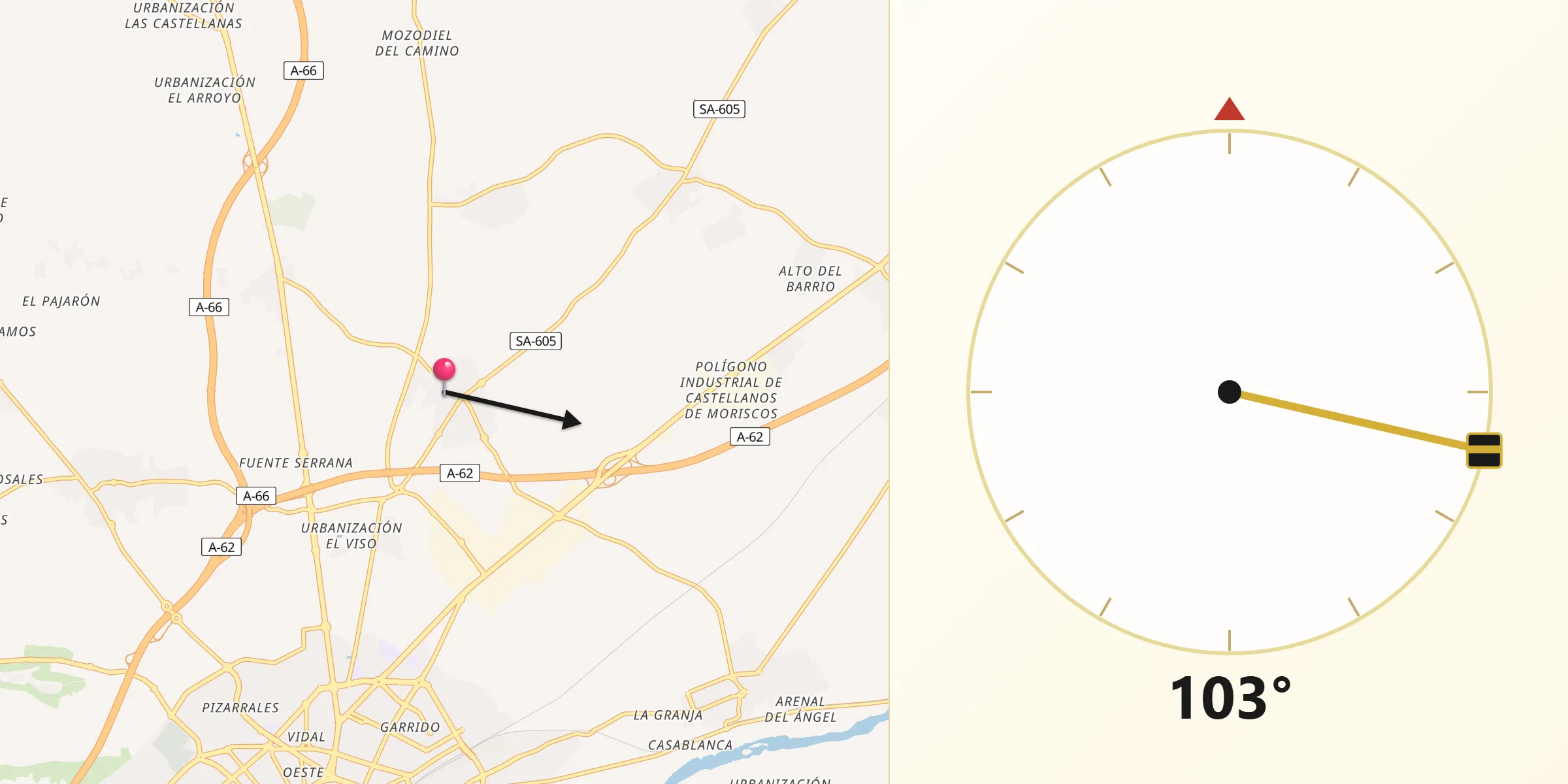 Dirección de la Qibla desde Villares de la Reina