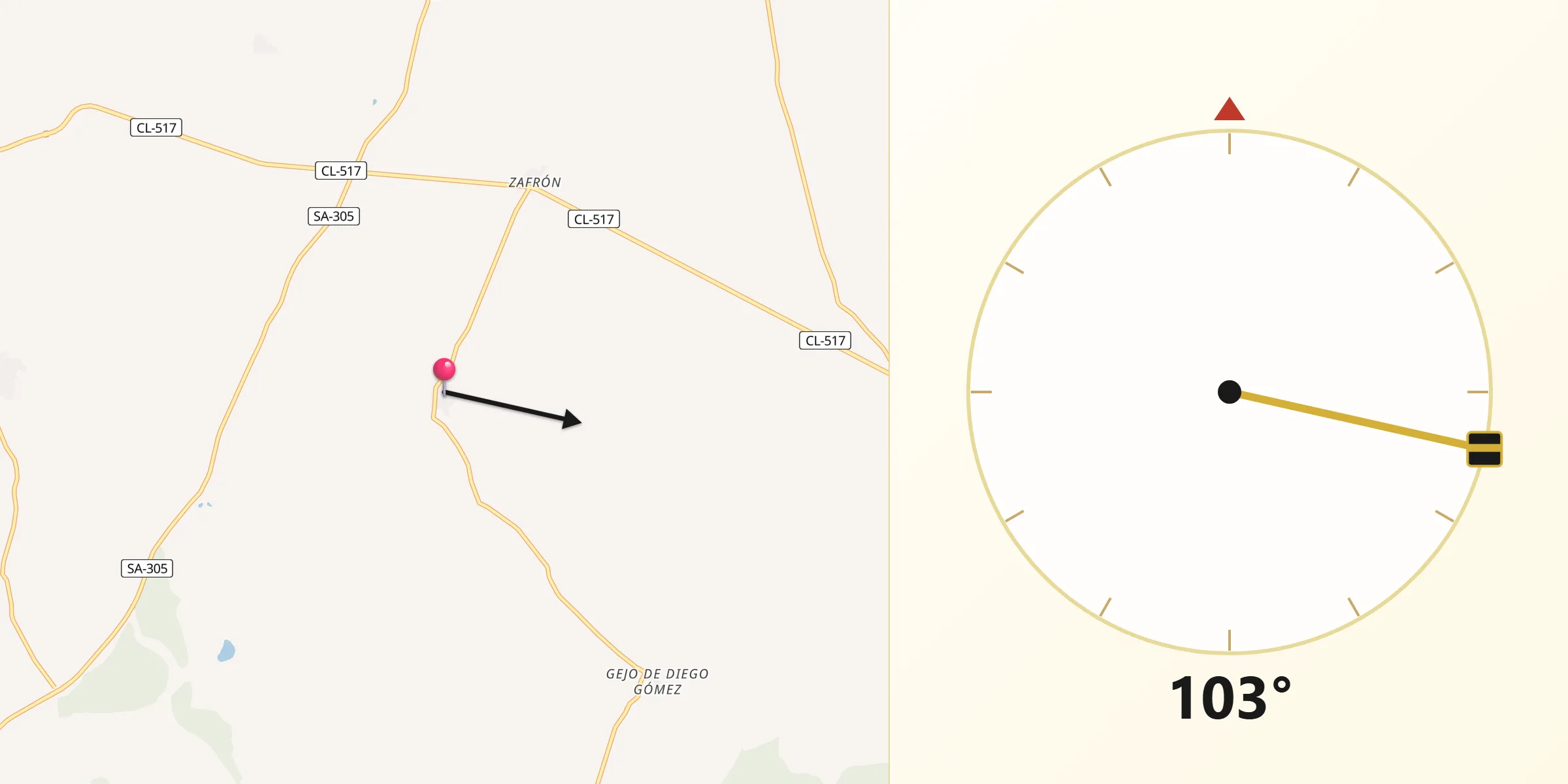 Dirección de la Qibla desde Doñinos de Ledesma