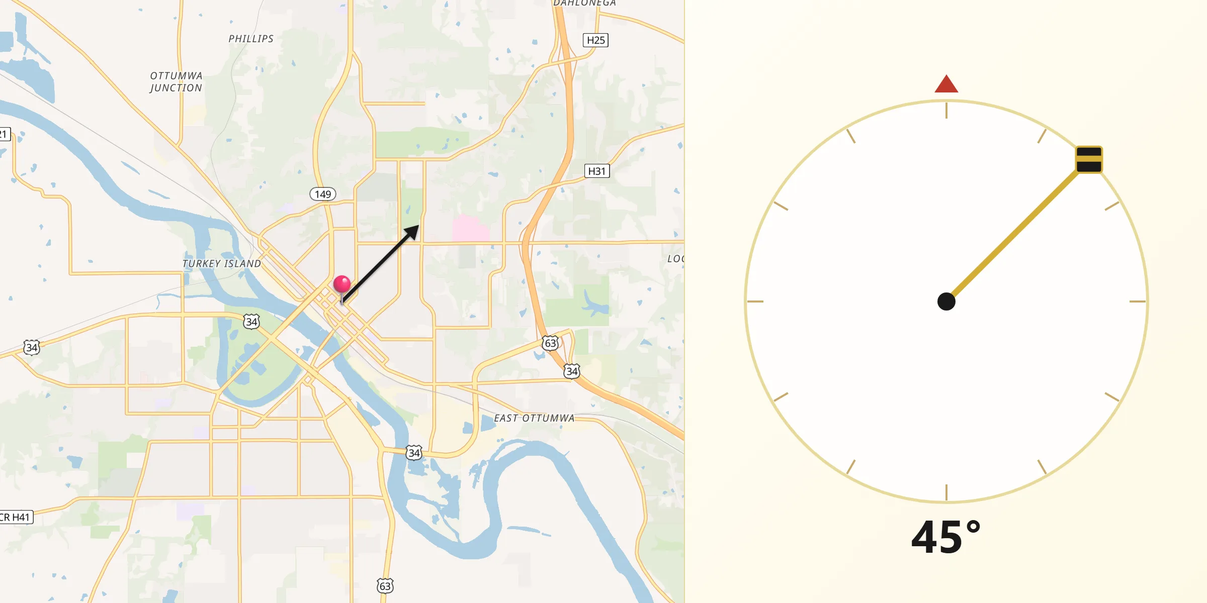 Qibla Direction from Ottumwa