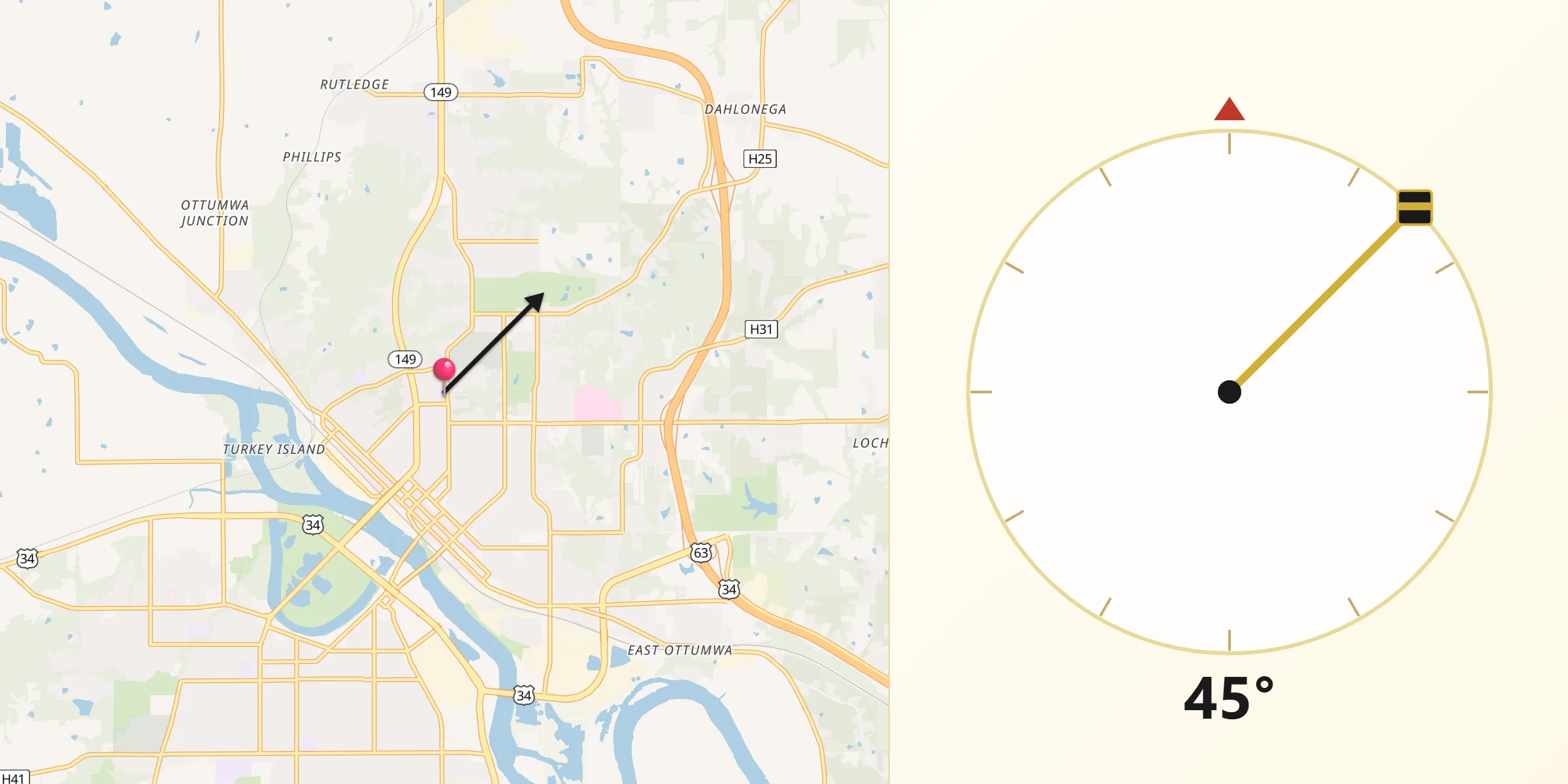 Qibla Direction from Wapello County