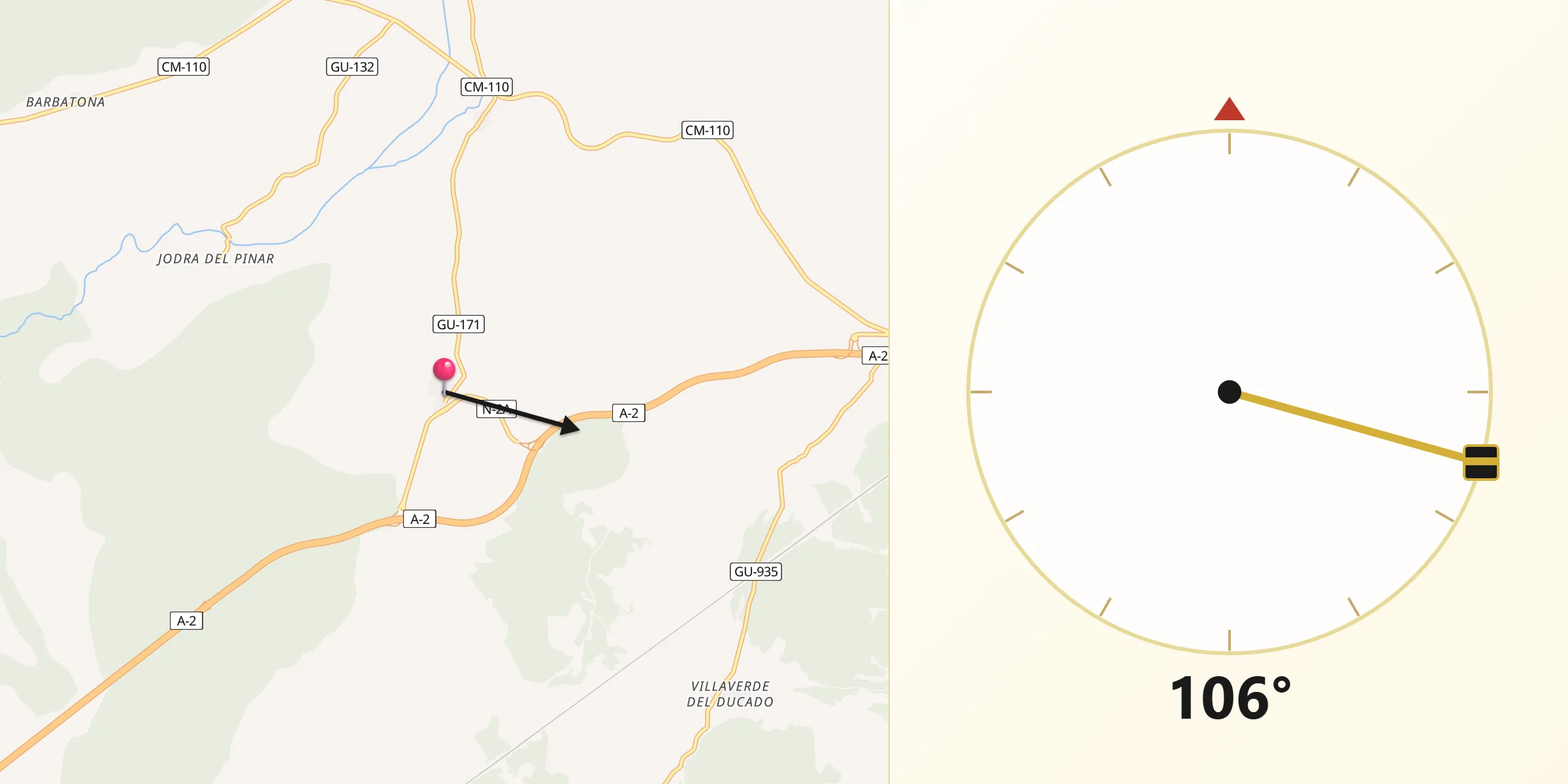 Dirección de la Qibla desde Saúca