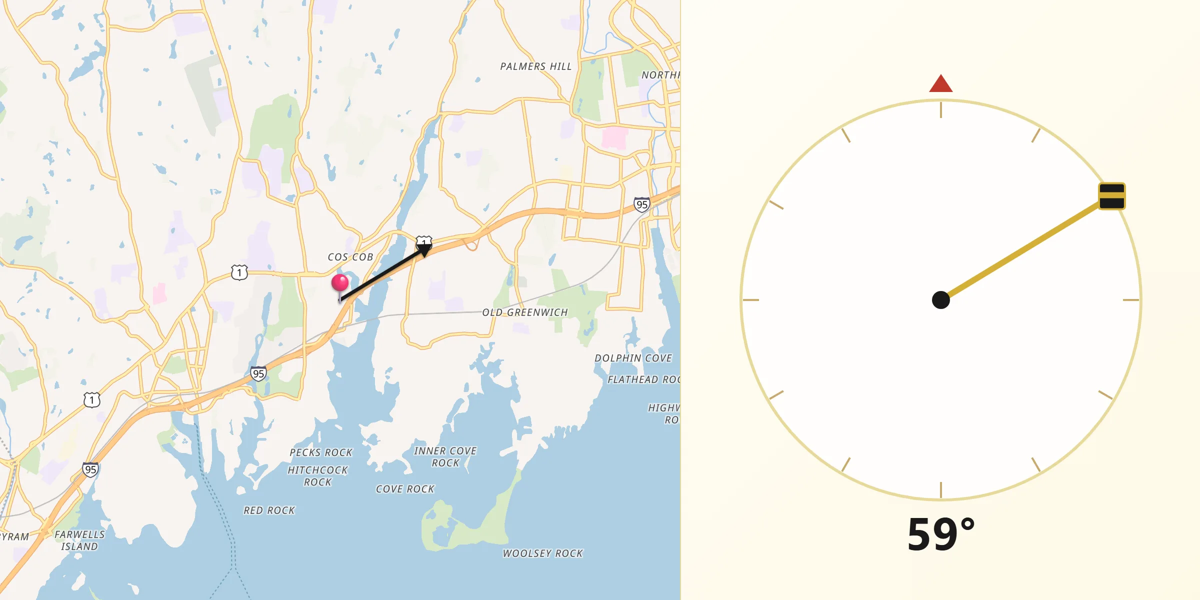 Qibla Direction from Cos Cob