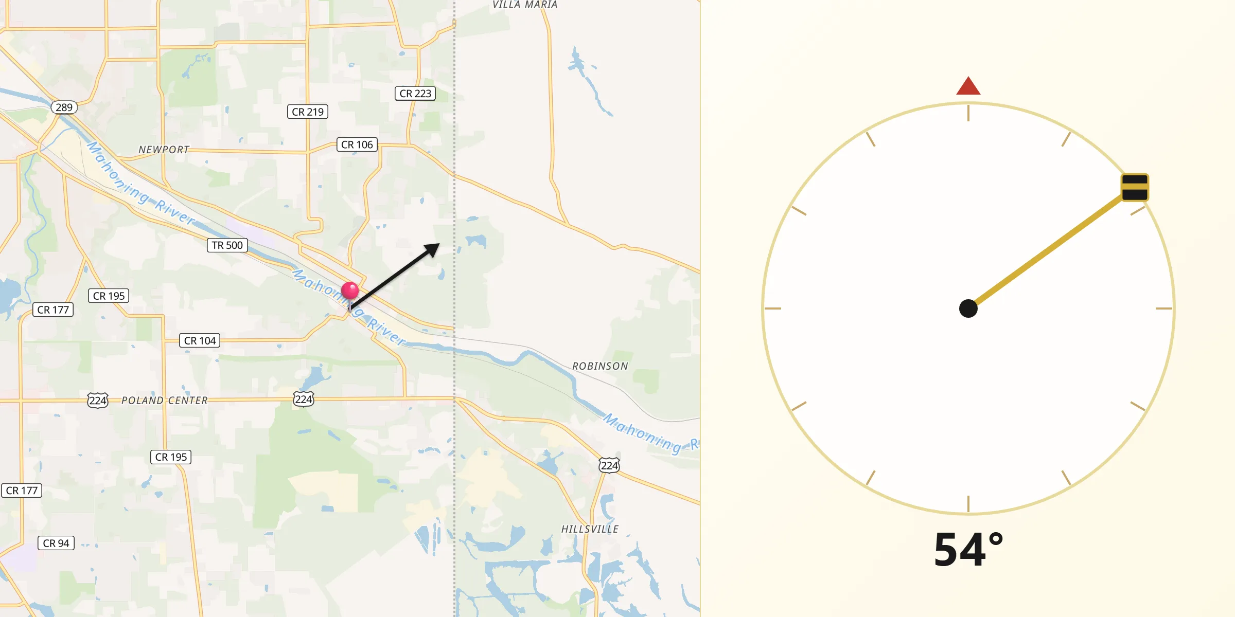 Qibla Direction from Lowellville