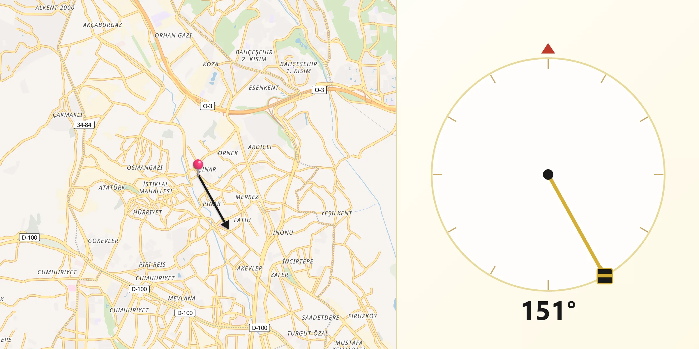 Dirección de la Qibla desde Esenyurt