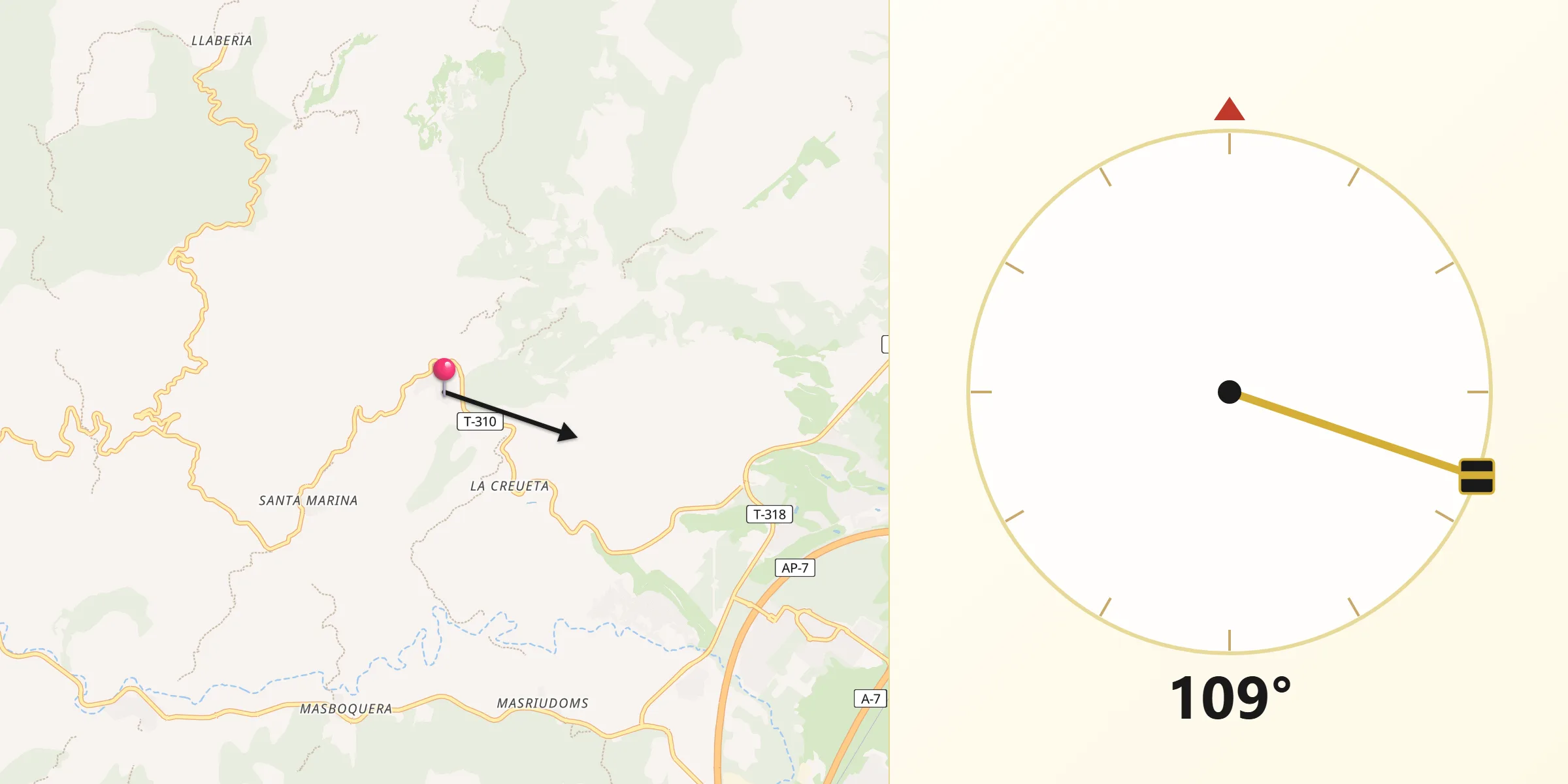 Dirección de la Qibla desde Pratdip