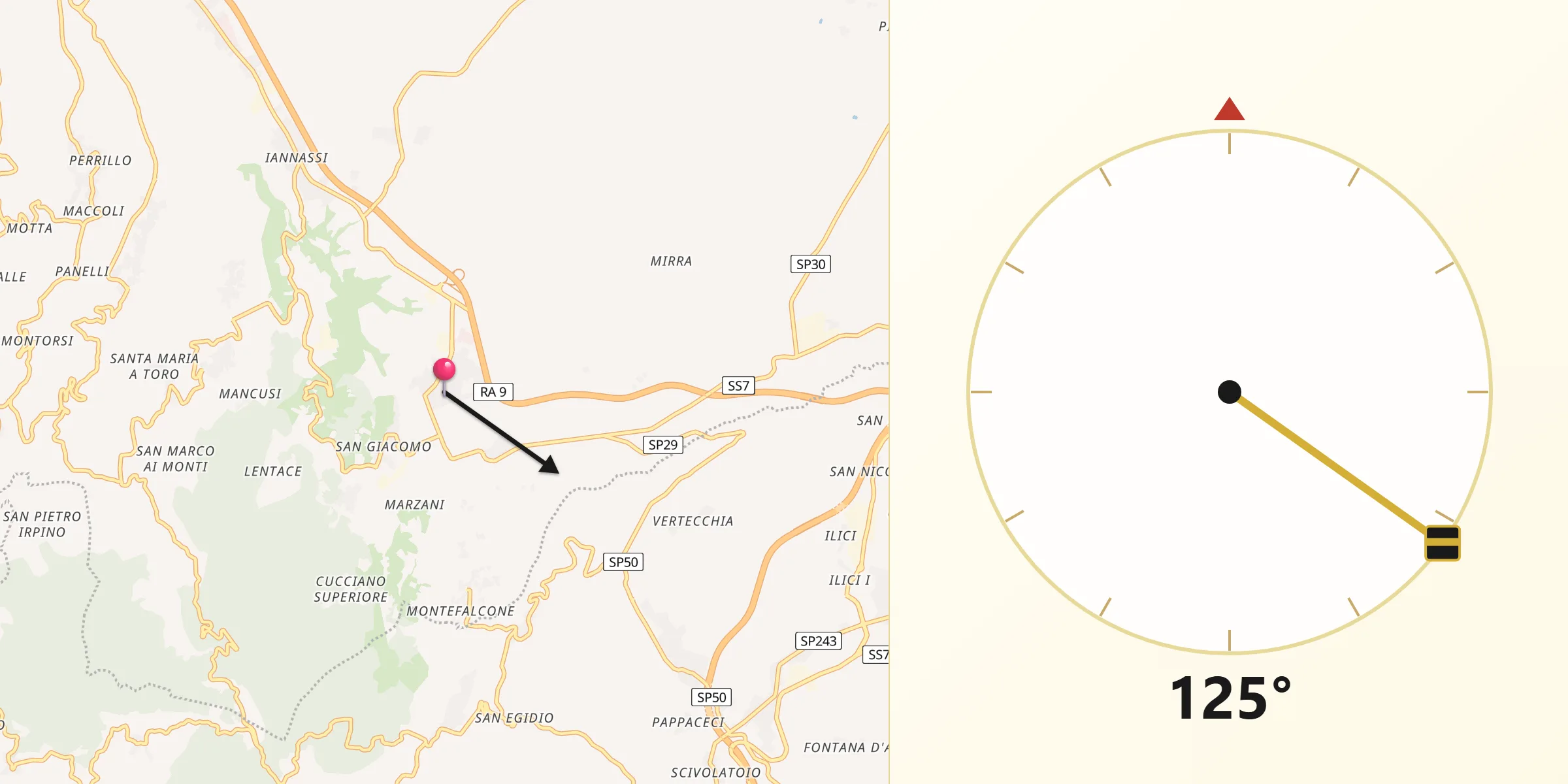 Direzione della Qibla da San Giorgio del Sannio