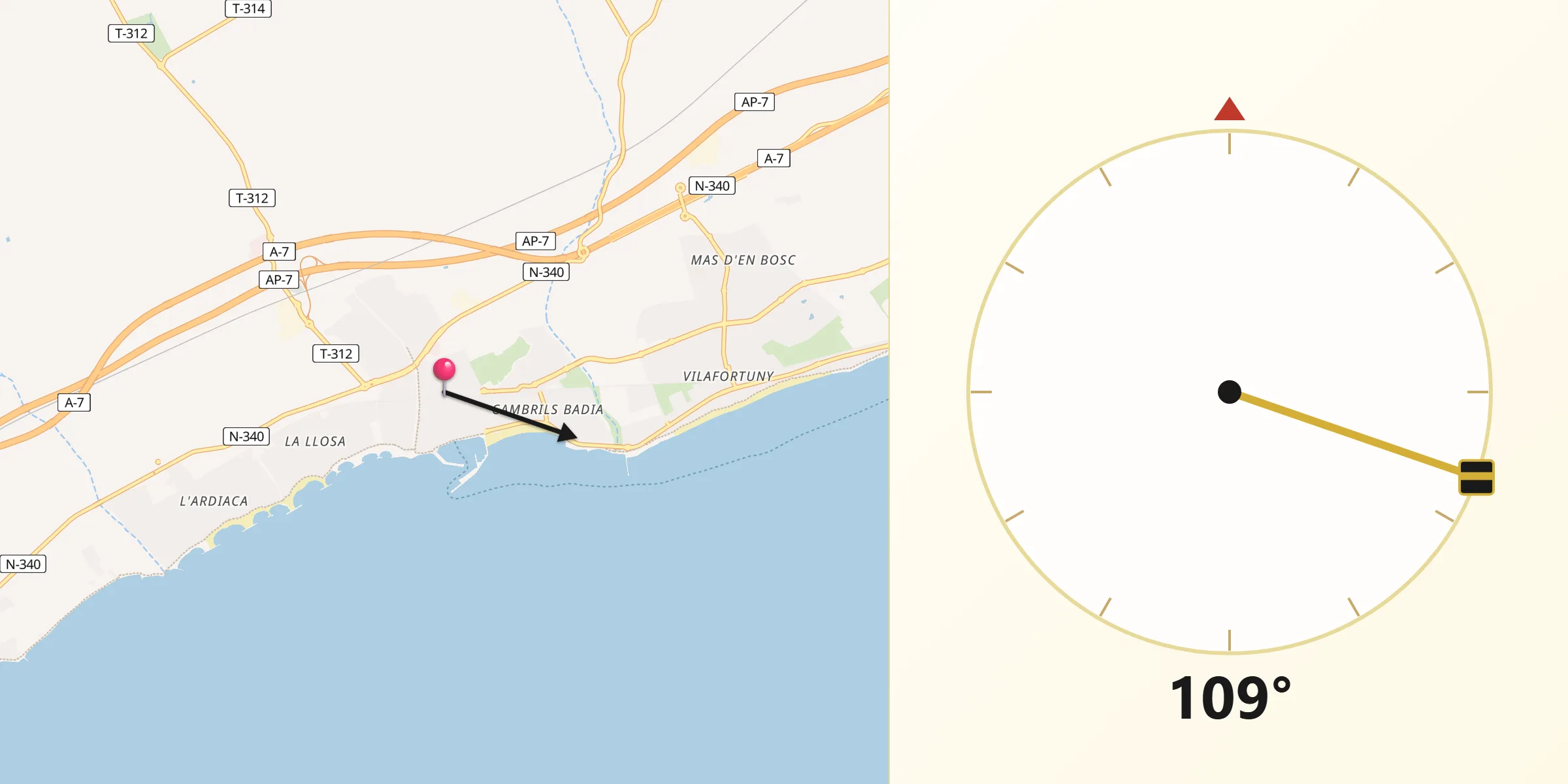 Dirección de la Qibla desde Cambrils