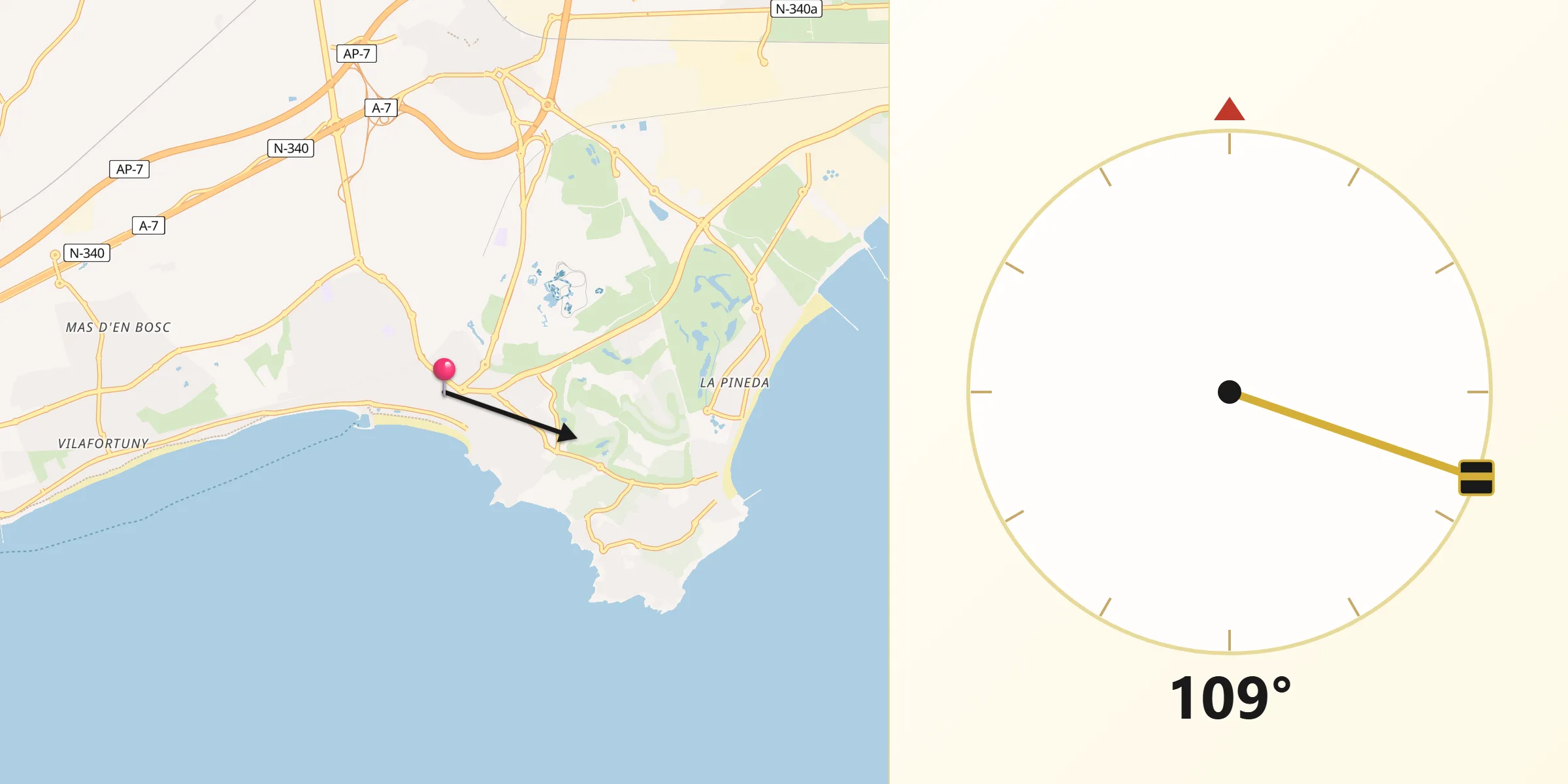 Dirección de la Qibla desde Salou