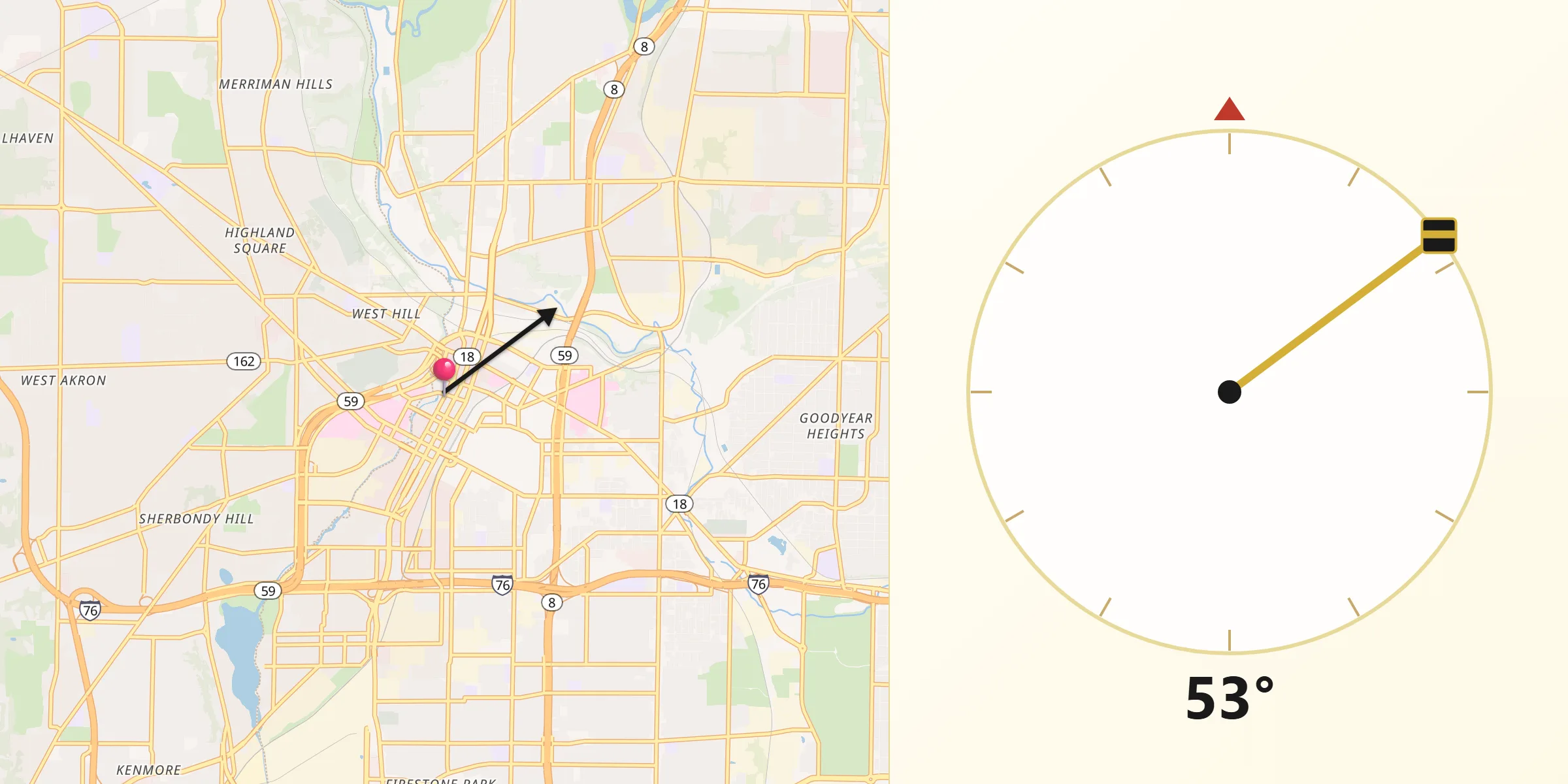 Dirección de la Qibla desde Akron