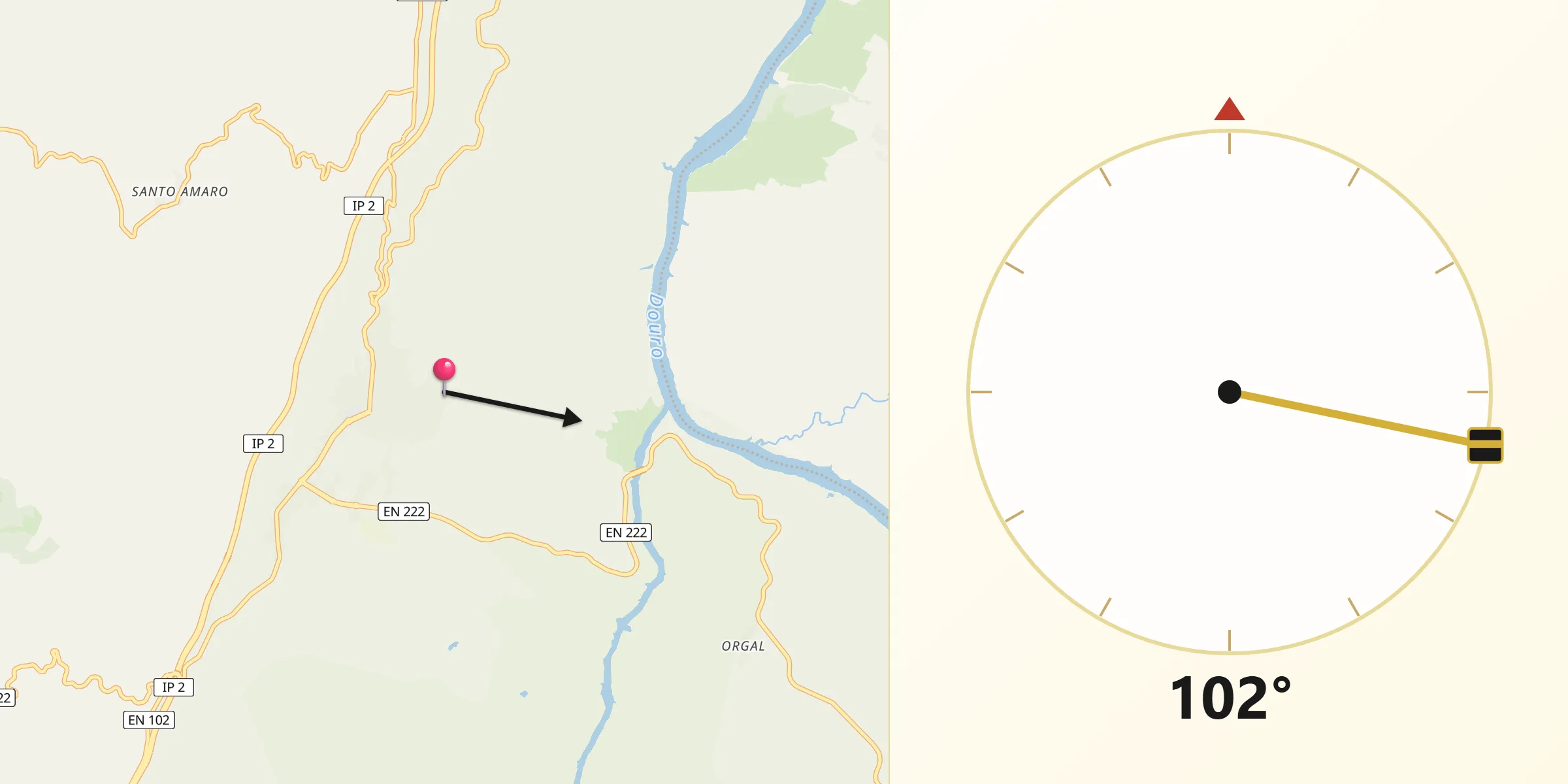 Direção da Qibla a partir de Vila Nova de Foz Côa