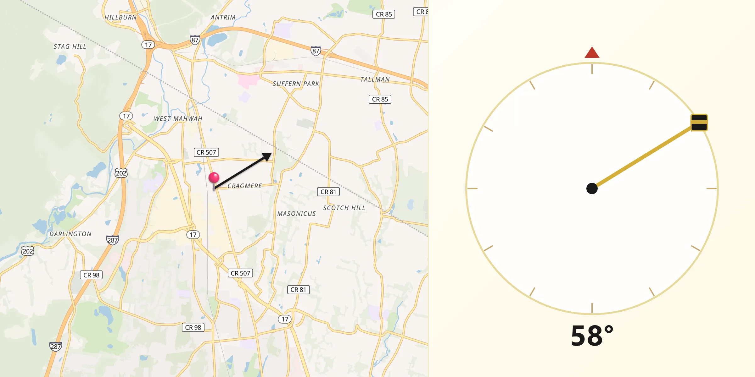 Qibla Direction from Mahwah