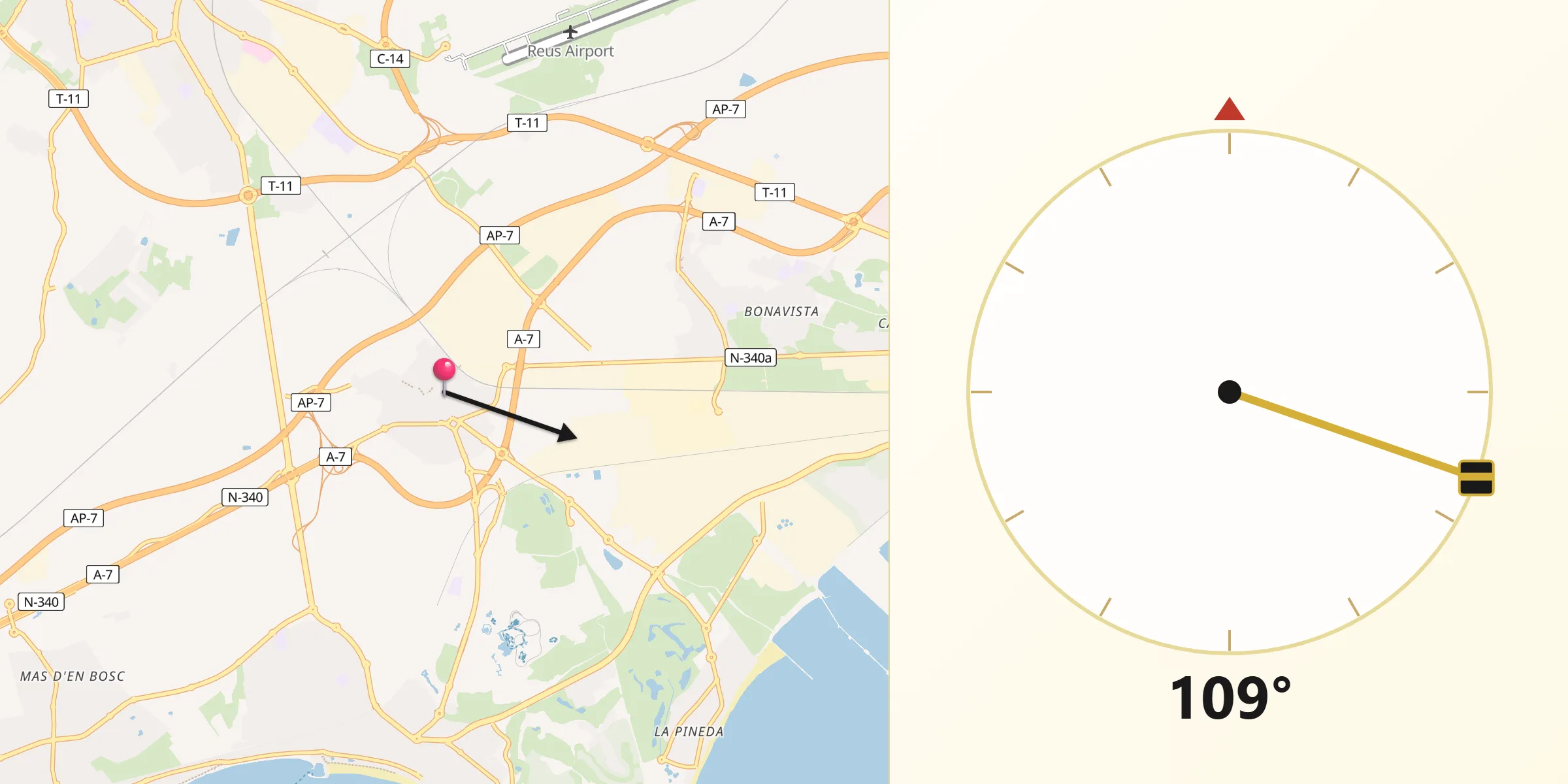 Dirección de la Qibla desde Vila-seca