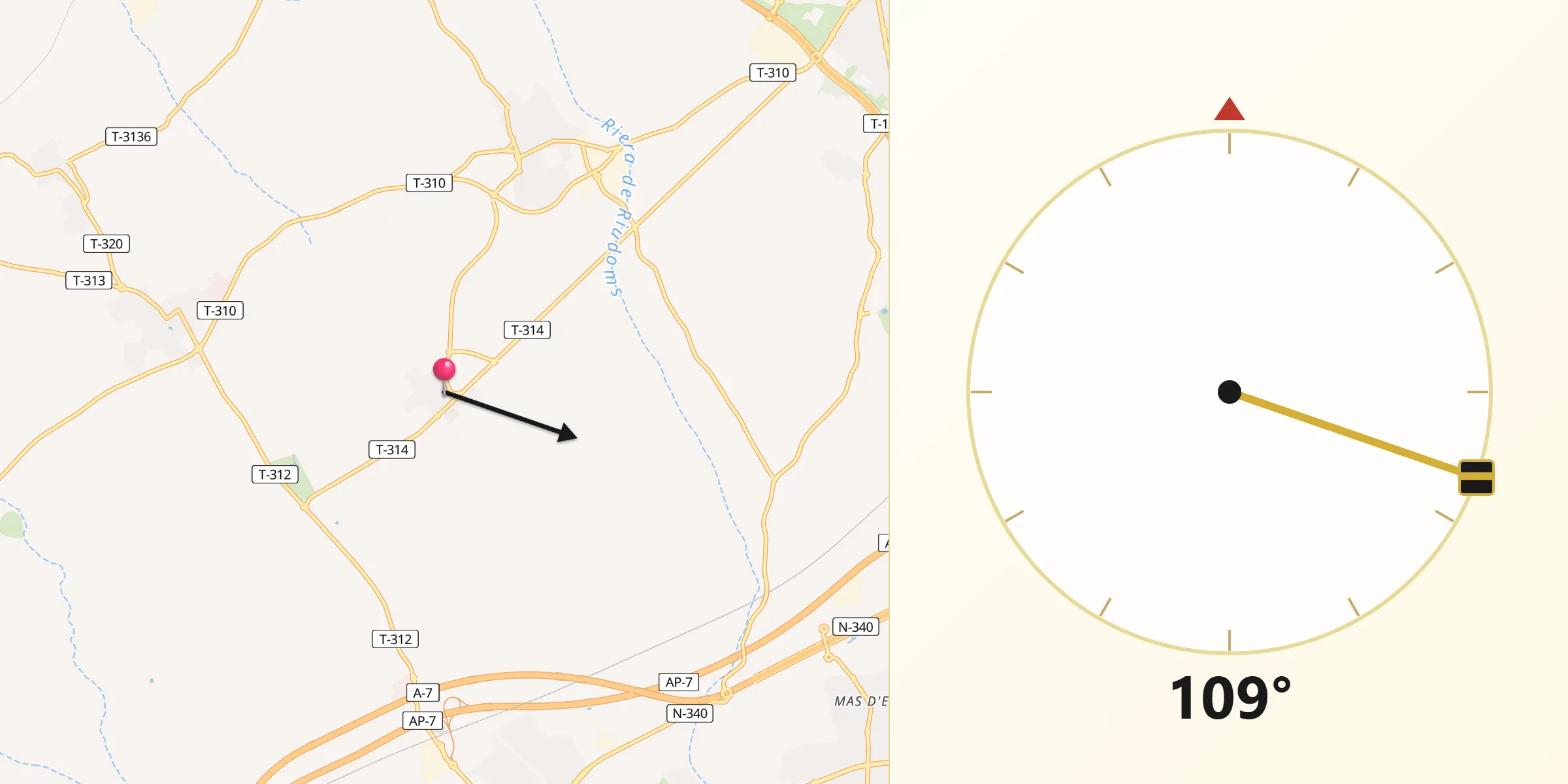 Dirección de la Qibla desde Vinyols i els Arcs