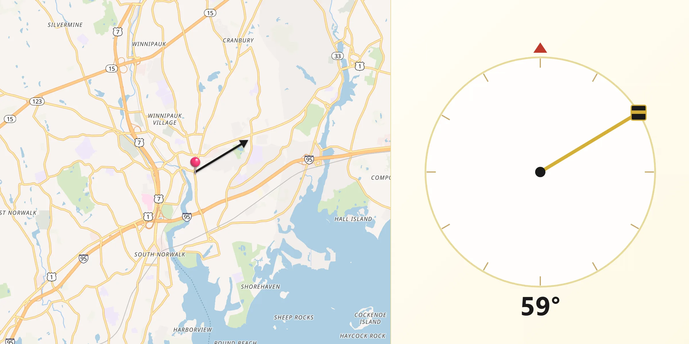 Dirección de la Qibla desde Norwalk