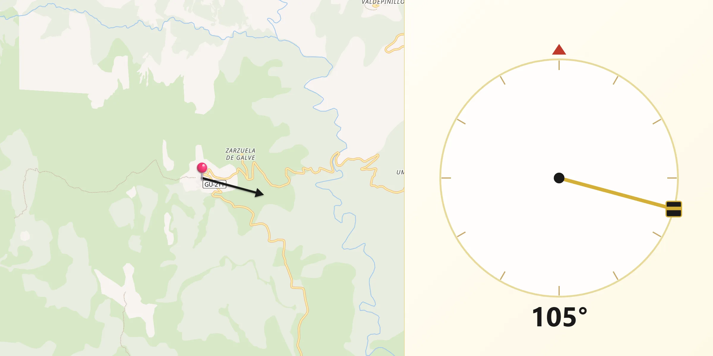 Dirección de la Qibla desde Valverde de los Arroyos