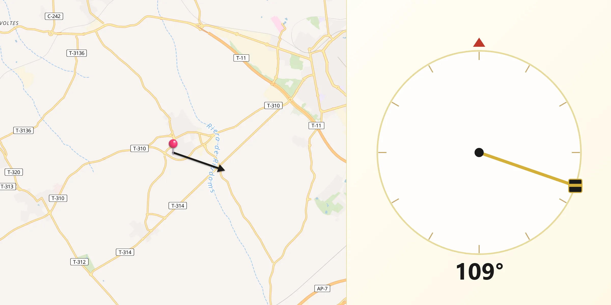Dirección de la Qibla desde Riudoms