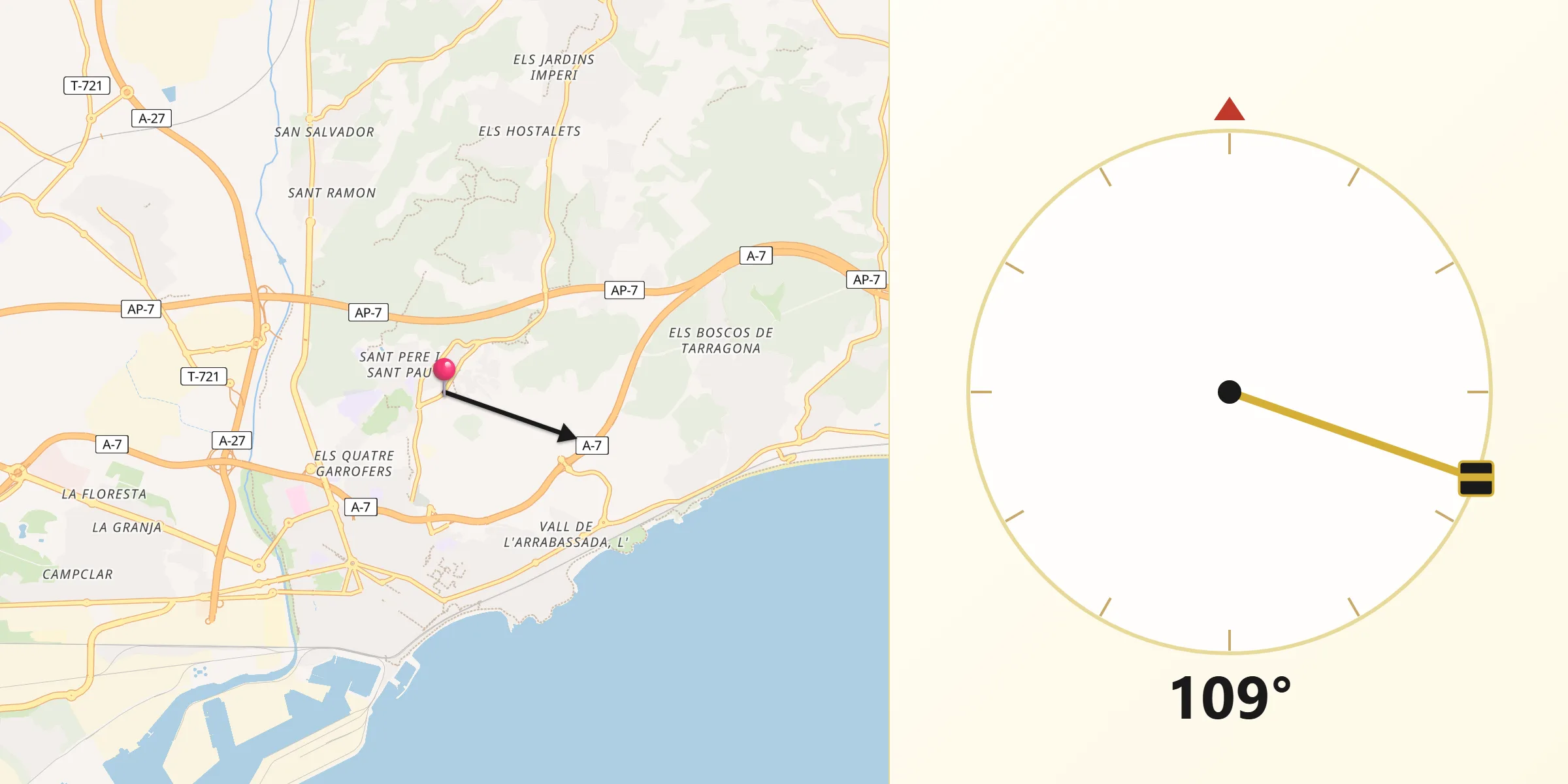 Dirección de la Qibla desde Pont d'Armentera