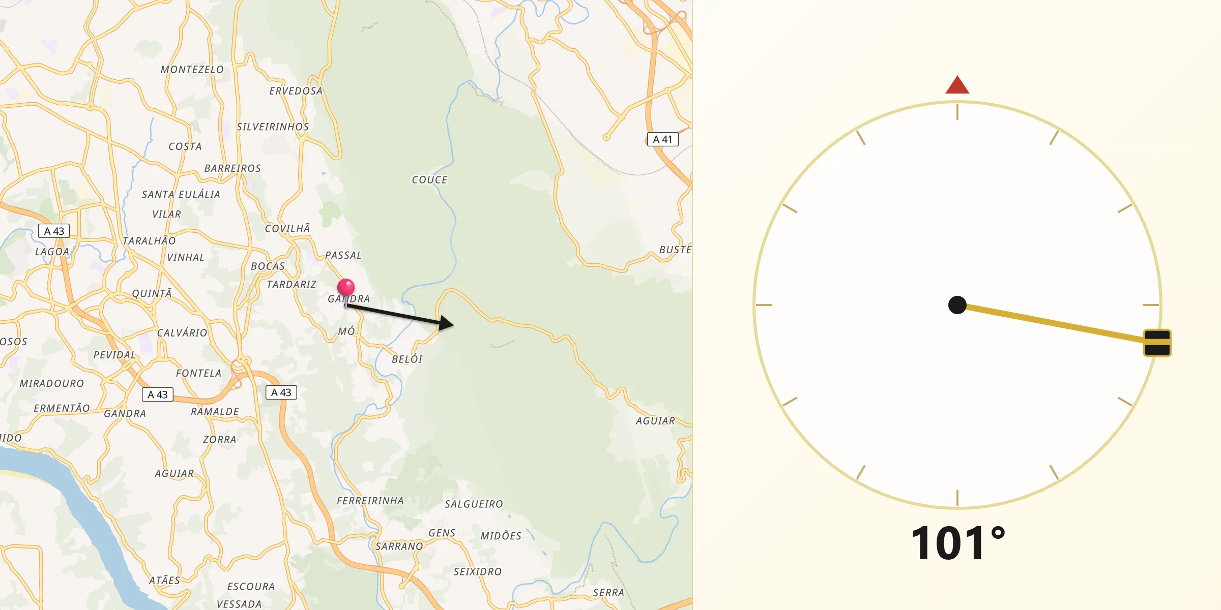Direção da Qibla a partir de São Pedro da Cova
