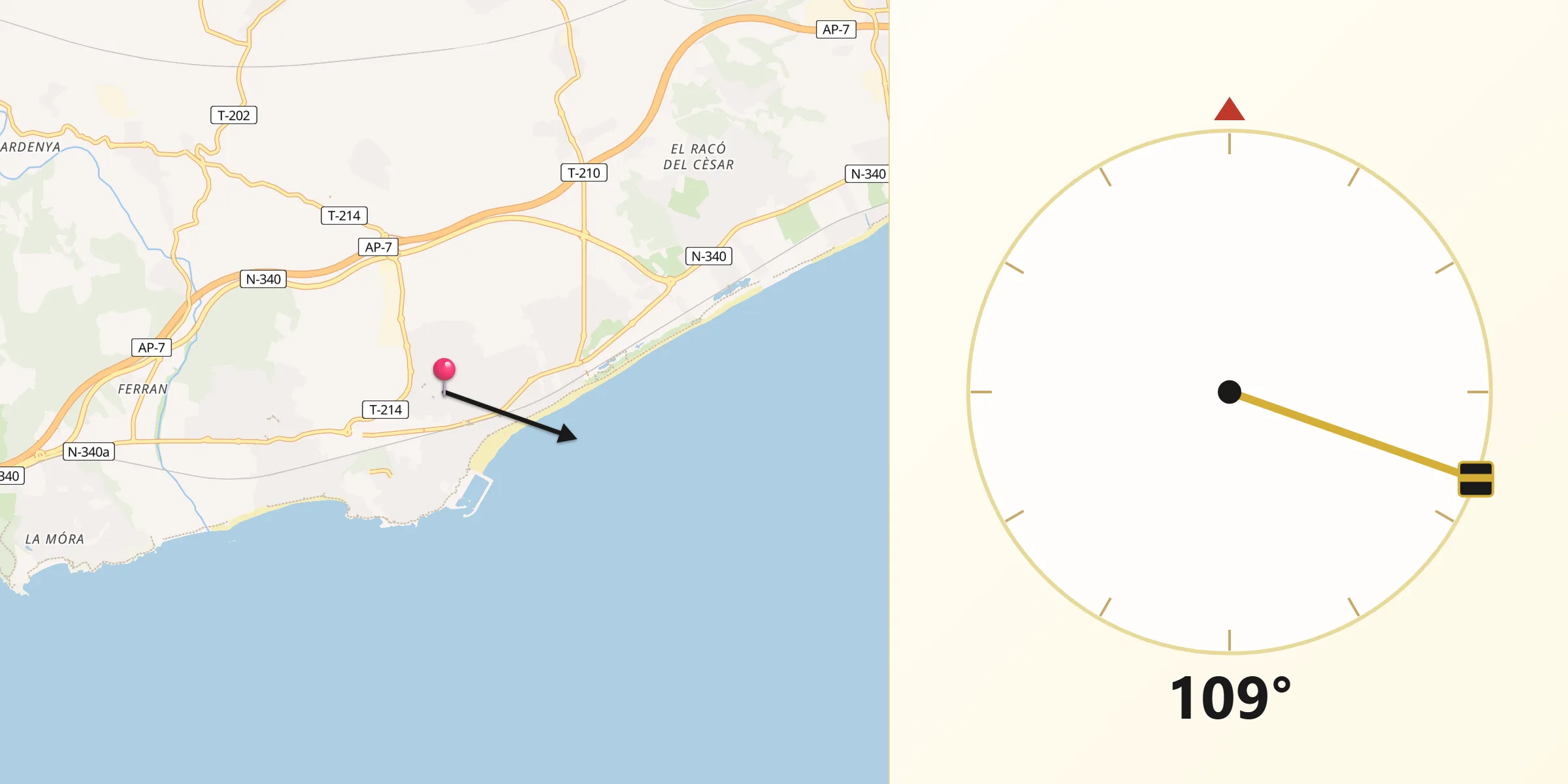 Dirección de la Qibla desde Torredembarra
