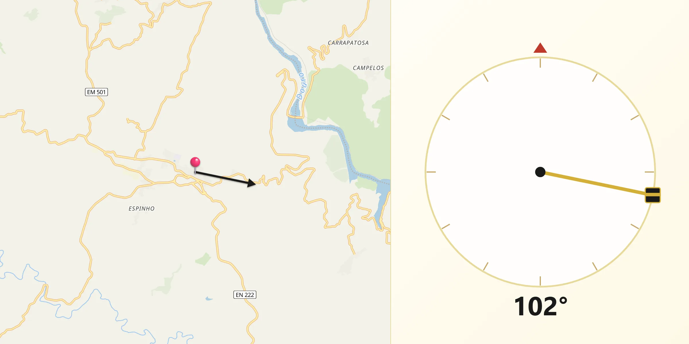 Direção da Qibla a partir de São João da Pesqueira