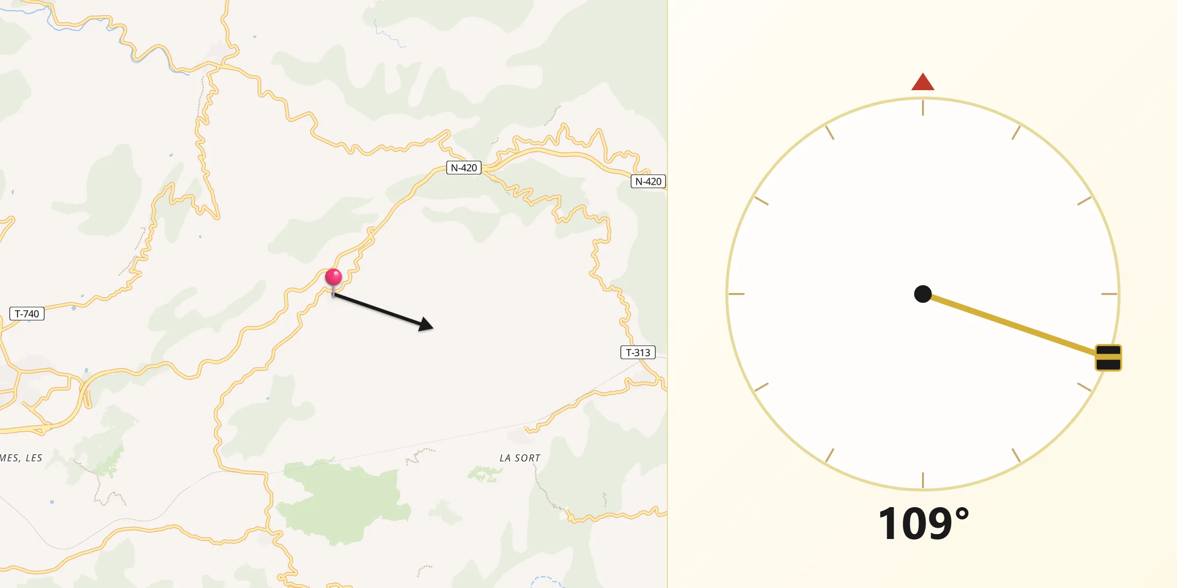 Dirección de la Qibla desde Pradell de la Teixeta