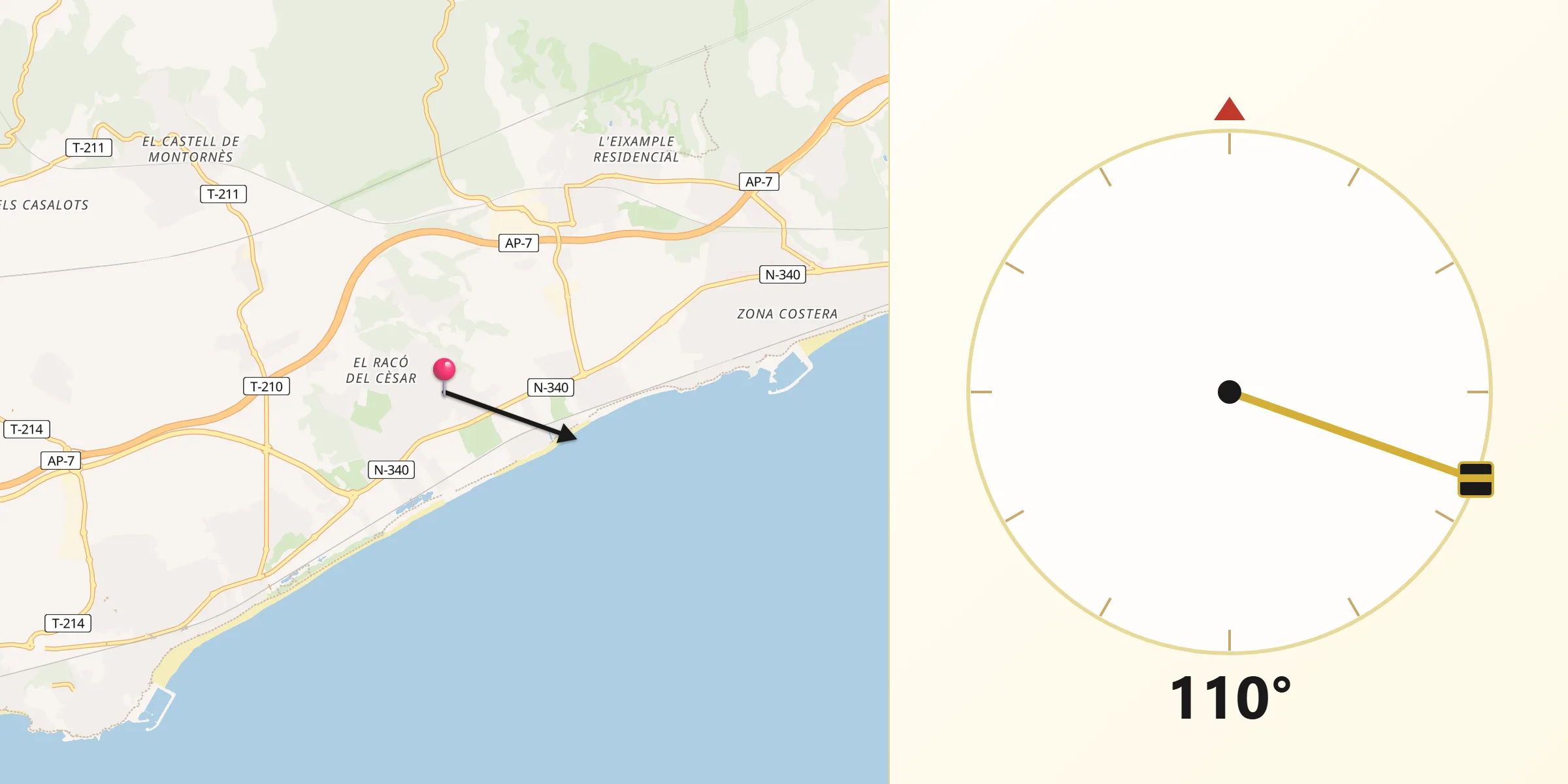 Dirección de la Qibla desde Creixell